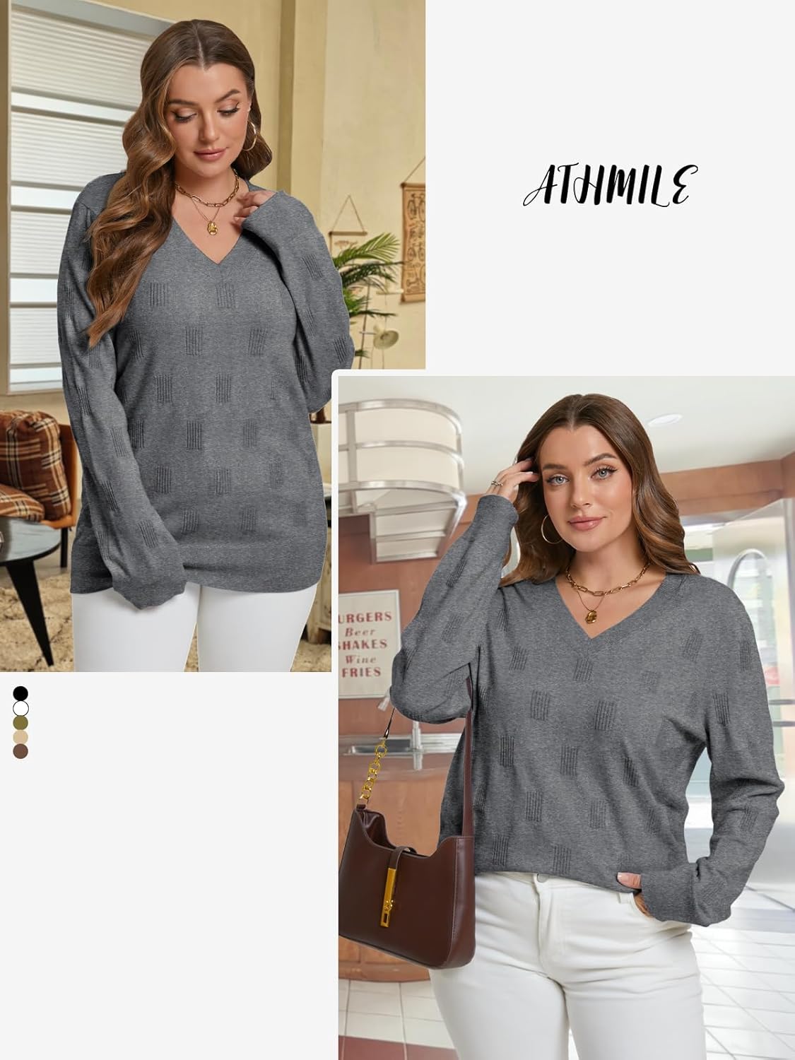 ATHMILE Women's Fall Tops 2025 Fashion Trendy Pullover Sweater V Neck Long Sleeve Shirt Knit Blouse Clothes Outfits - Image 5