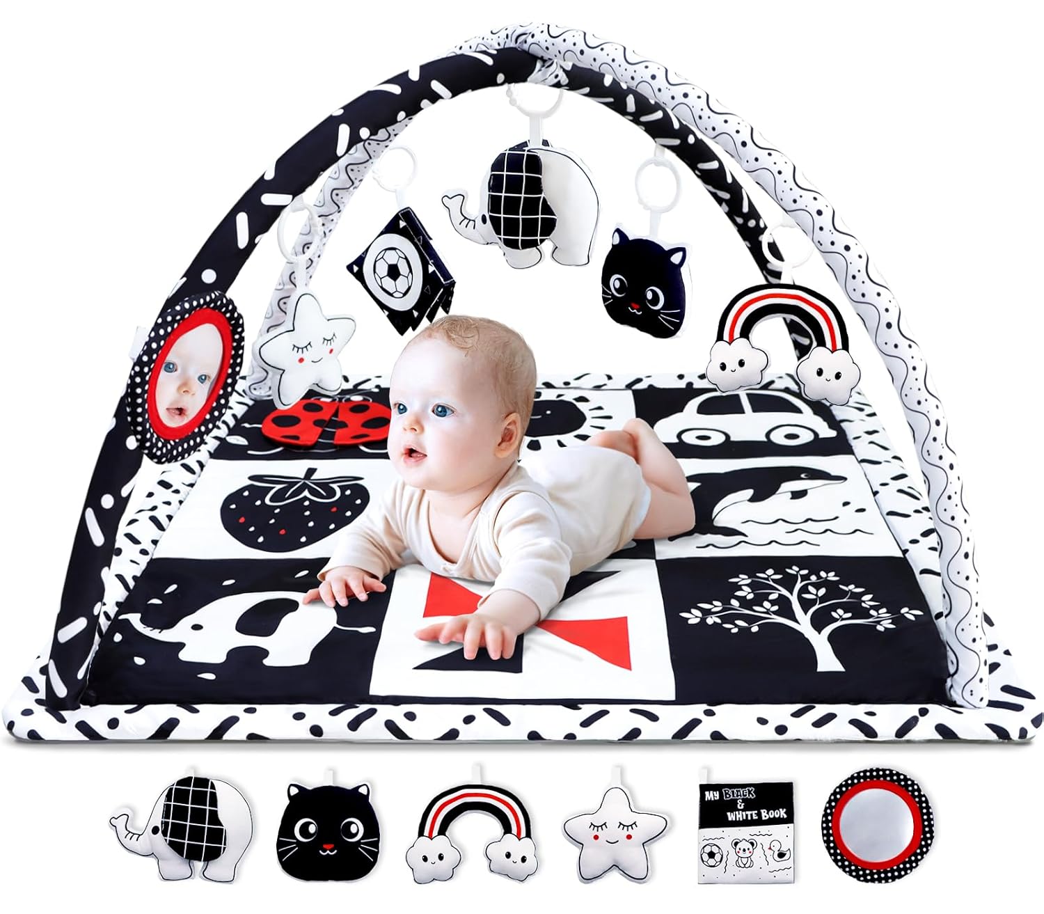 Black and White Baby Gym Play Mat with 6 Toys Tummy Time Activity Mat for Babies 0-6 6-12 Months High Contrast Baby Gyms & Playmats Sensory Toys Newborn Brain Development Infant Play Mat Baby Gifts - Image 2