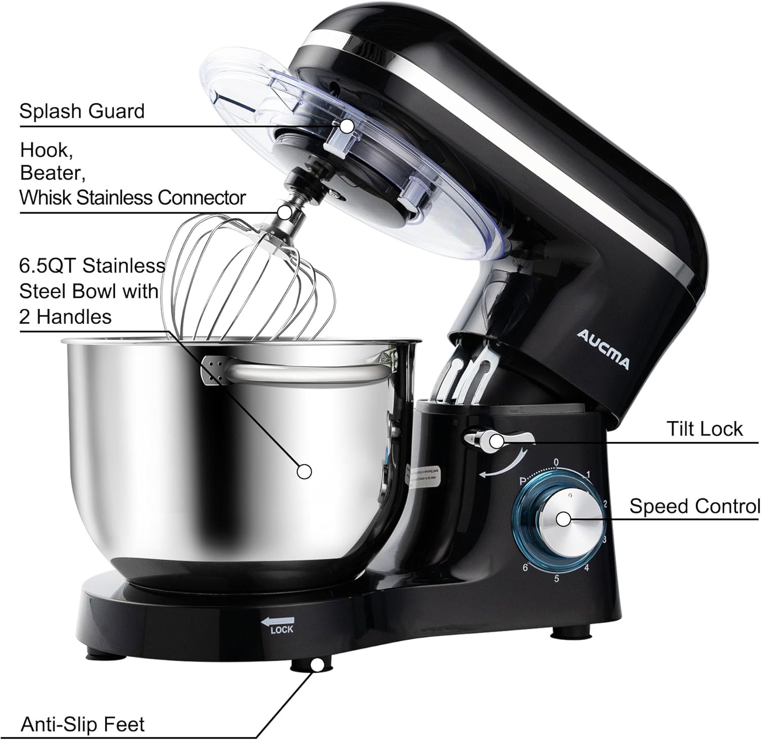 Aucma Stand Mixer,6.5-QT 660W 6-Speed Tilt-Head Food Mixer, Kitchen Electric Mixer with Dough Hook, Wire Whip & Beater (6.5QT, Black) - Image 3