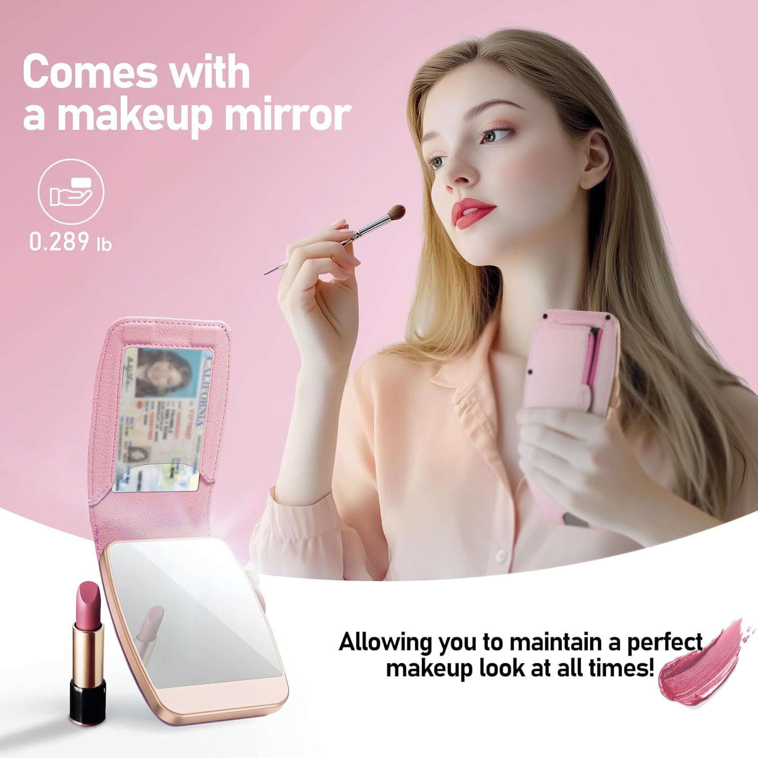 Wallet Women RFID Blocking Wallet with ID Windows, Pop-up Case, Cash Slot, Credit Card Minimalist Wallet with Mirror and Coin Pocket (Pink) - Image 3