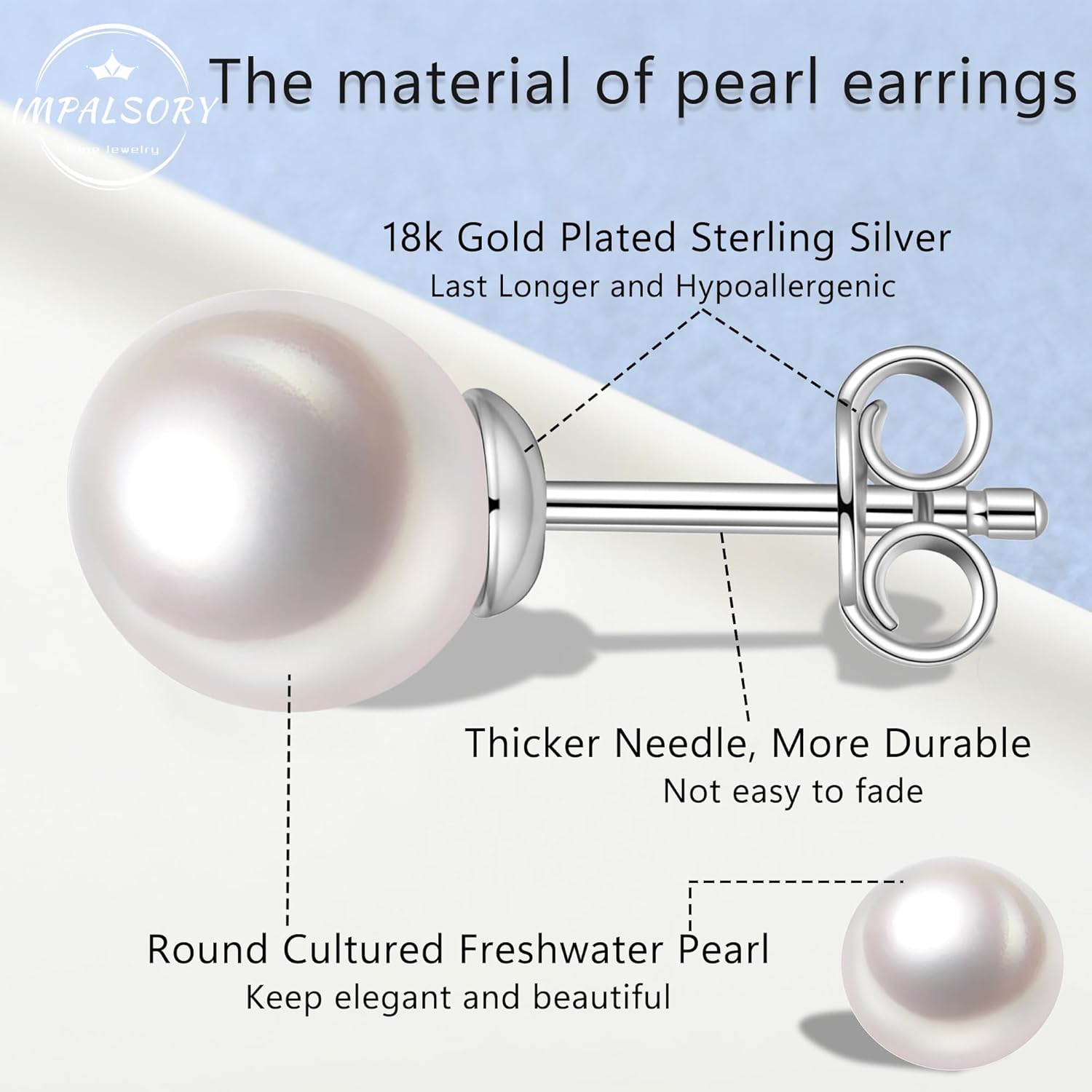 18K Gold Plated Round White Freshwater Cultured Pearl Earrings Studs for Women - Image 3