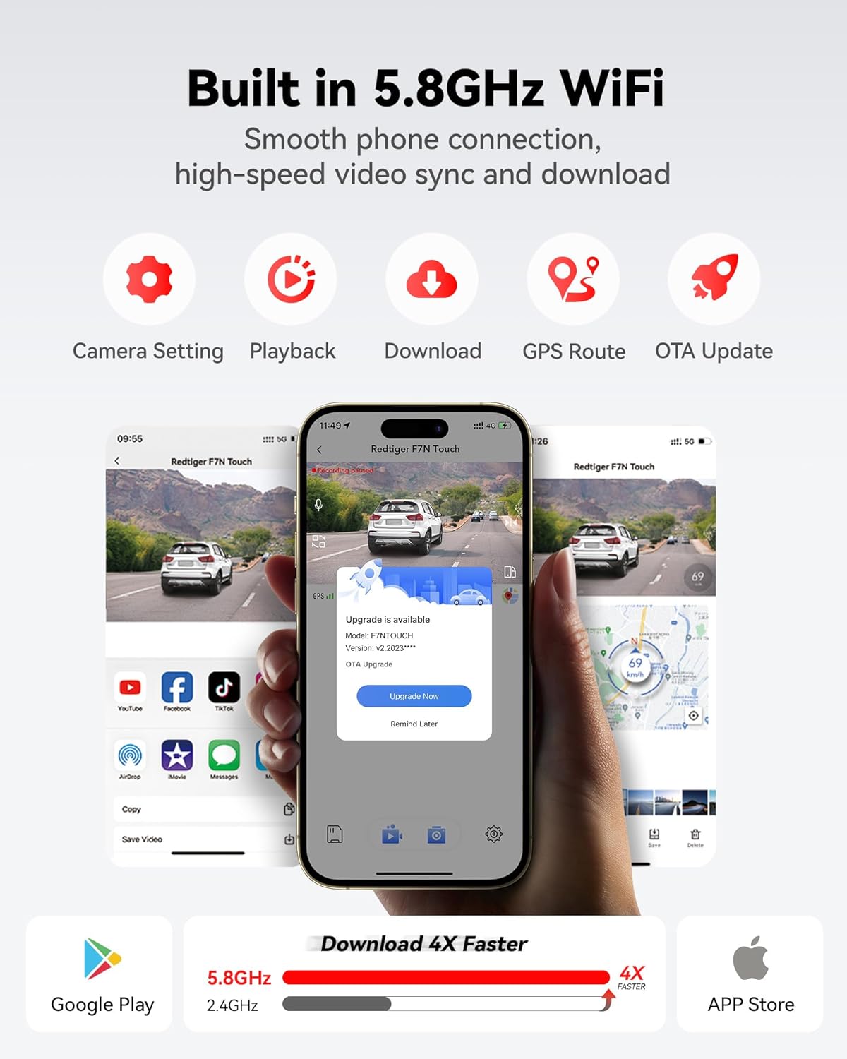 REDTIGER 4K Dash Cam Front and Rear, STARVIS 2 Sensor, Touch Screen 3.18", 128GB Card Included, Voice Control, 5.8GHz WiFi Car Dash Camera, GPS, Night Vision, Emergency Lock, Parking Mode (F7N Touch) - Image 6