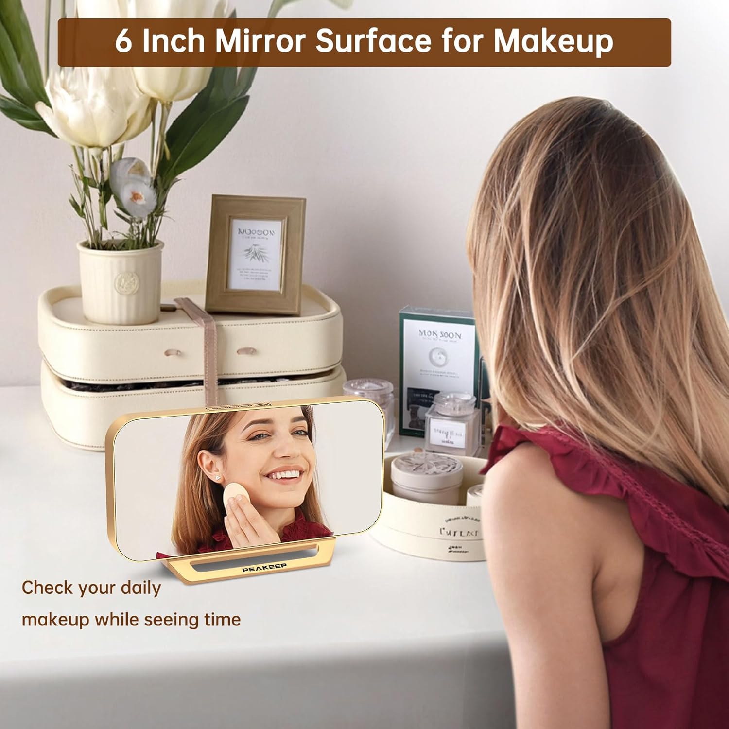 Peakeep Slim Digital Mirror Clock, Aesthetic Alarm Clock for Desk - Plug in Electric Clock Big LED Modern Decorative Small Table Clock for Office Living Room, Battery Backup, 6 Dimmers (Gold) - Image 4
