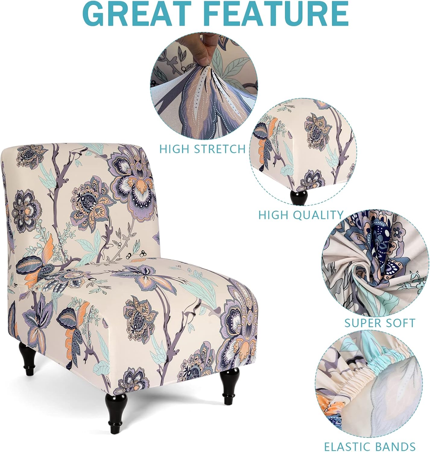 Armless Accent Slipper Chair Cover Slipcover,Stretch Spandex Small Checks,Non-Slip Sofa Couch Cover Furniture Protector (Beige Flower, 1) - Image 4