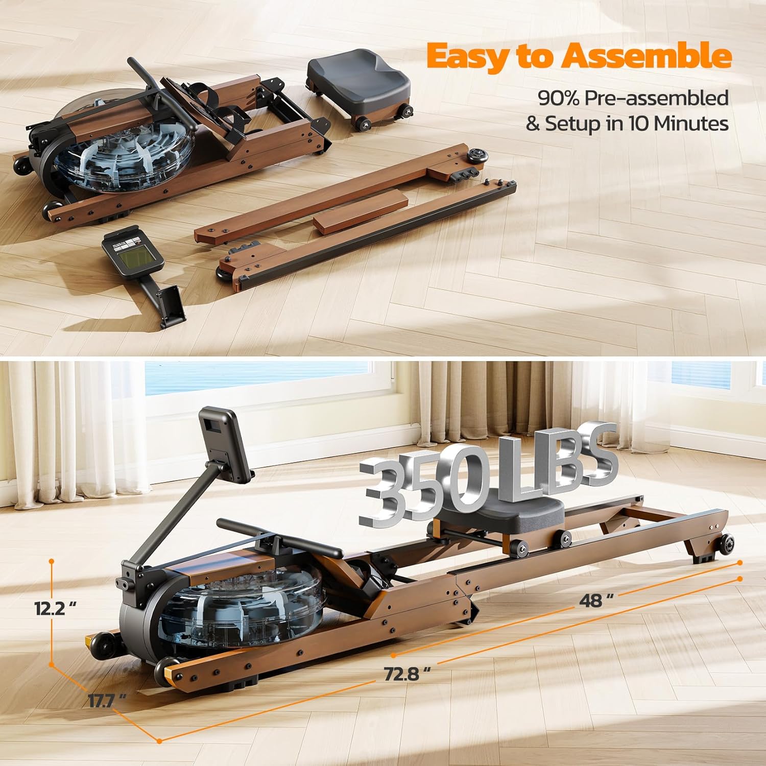 Dripex Rowing Machines for Home Foldable, Water Rowing Machine Max 350 LBS, Water Rower with Smooth Slide Rail, Comfortable Seat, Bluetooth App Supported, LCD Monitor, Wooden Row Machine for Home Gym - Image 6