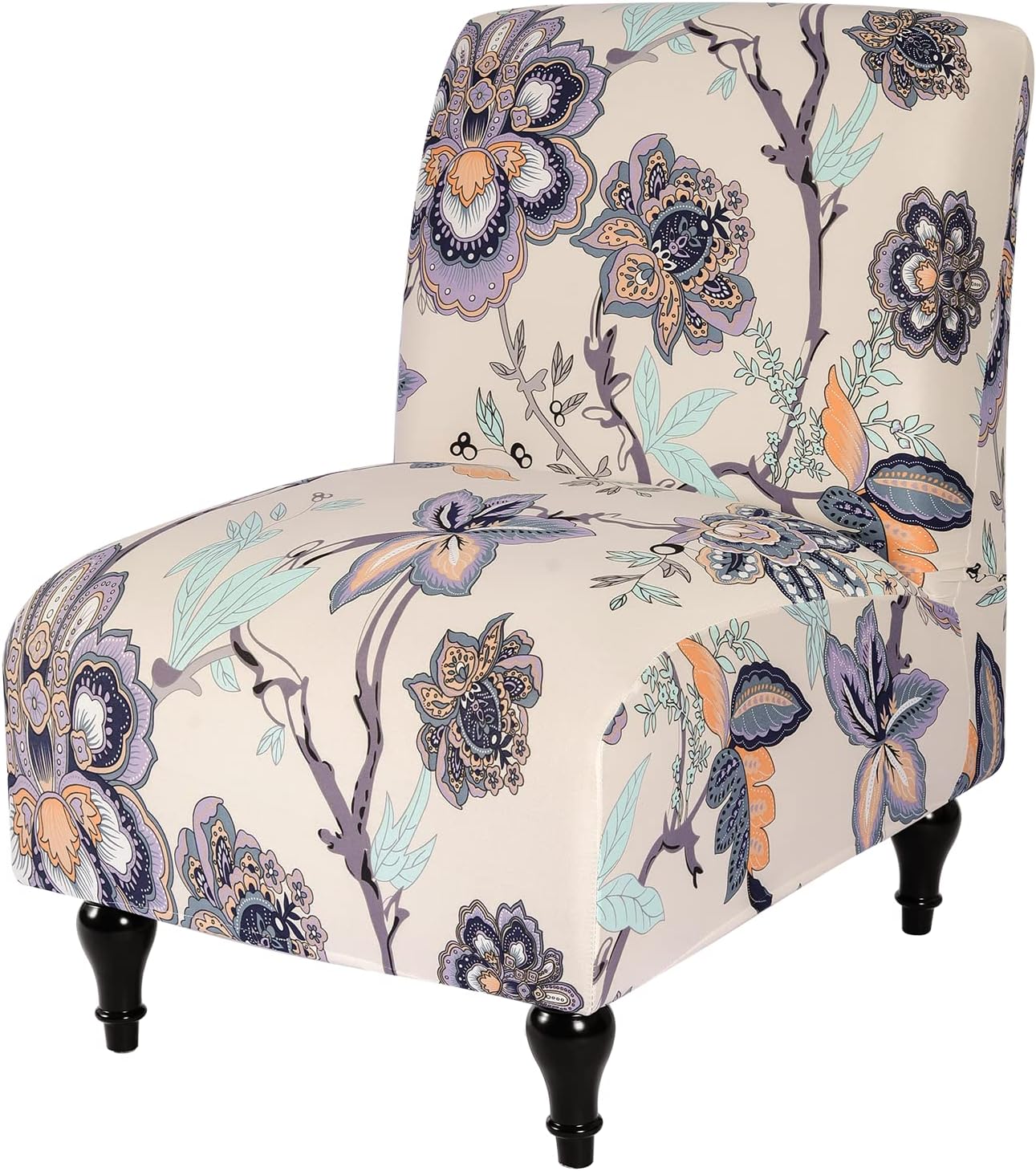 Armless Accent Slipper Chair Cover Slipcover,Stretch Spandex Small Checks,Non-Slip Sofa Couch Cover Furniture Protector (Beige Flower, 1) - Image 2