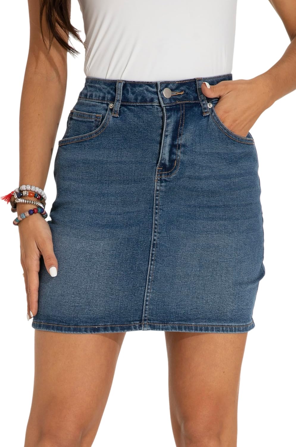 GUANYY Womens Mini Denim Skirt-Casual Stretch Slim Fit High Waisted Jean Skirts - Image 2