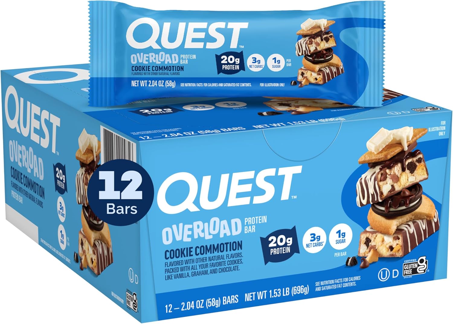 Quest Nutrition Overload Protein Bars, Cookie Commotion, 20g Protein, 1g Sugar, 3g Net Carbs, Gluten Free, 12 Count - Image 2