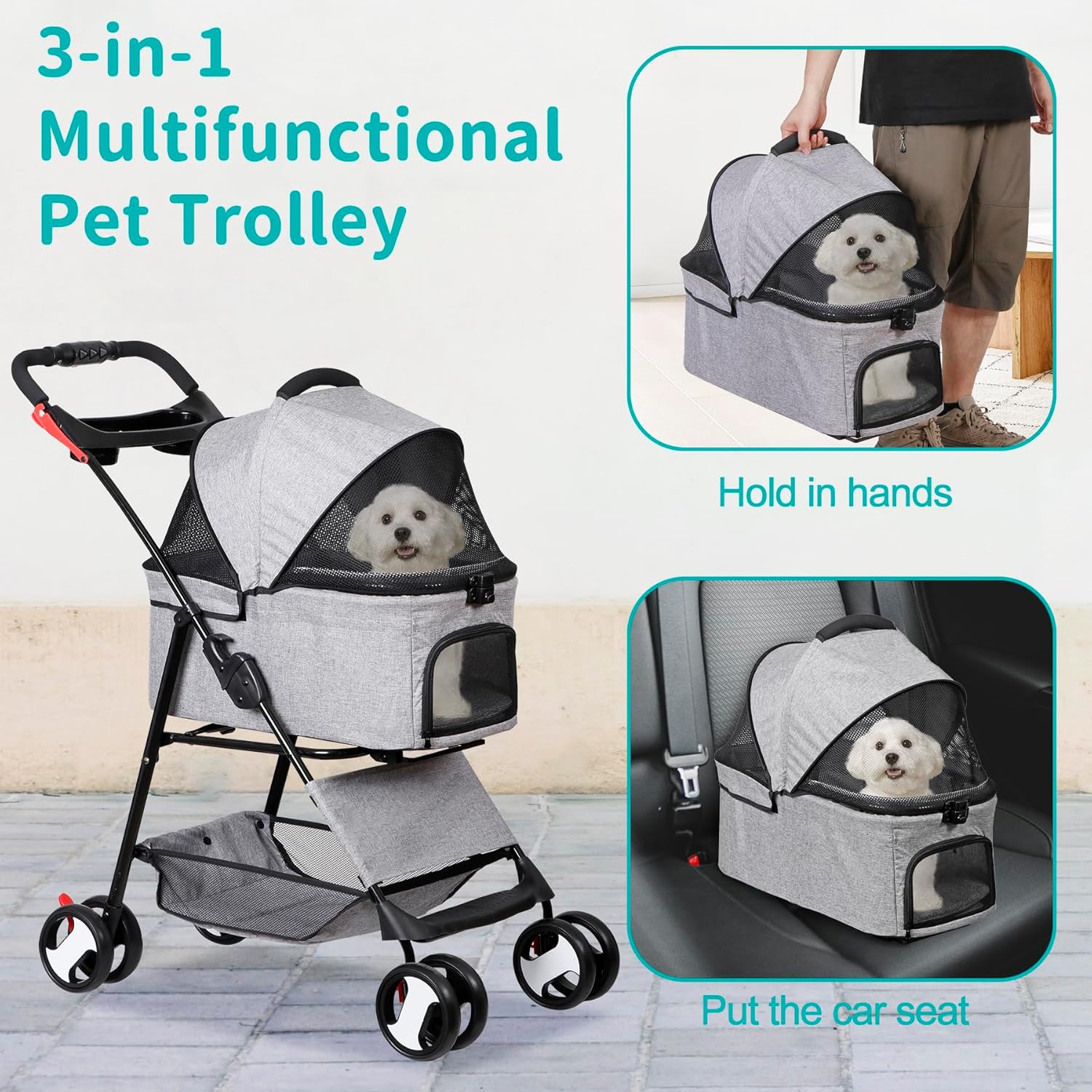 Pet Stroller 4 Wheels Dog Cat Stroller for Small Medium Dog Cats Carrier Jogger Travel Foldable Puppy Stroller with Detachable Carrier - Image 4