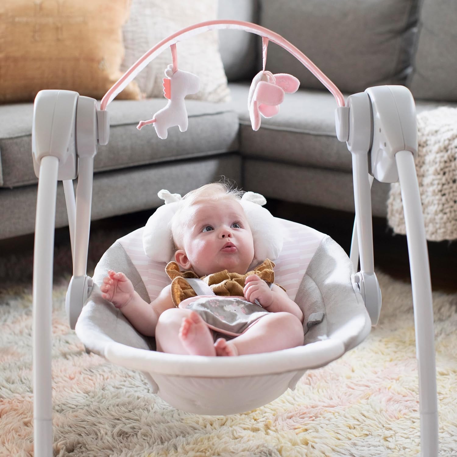 Ingenuity Comfort 2 Go Compact Portable 6-Speed Cushioned Baby Swing with Music, Folds Easy, 0-9 Months 6-20 lbs (Pink Flora the Unicorn) - Image 6
