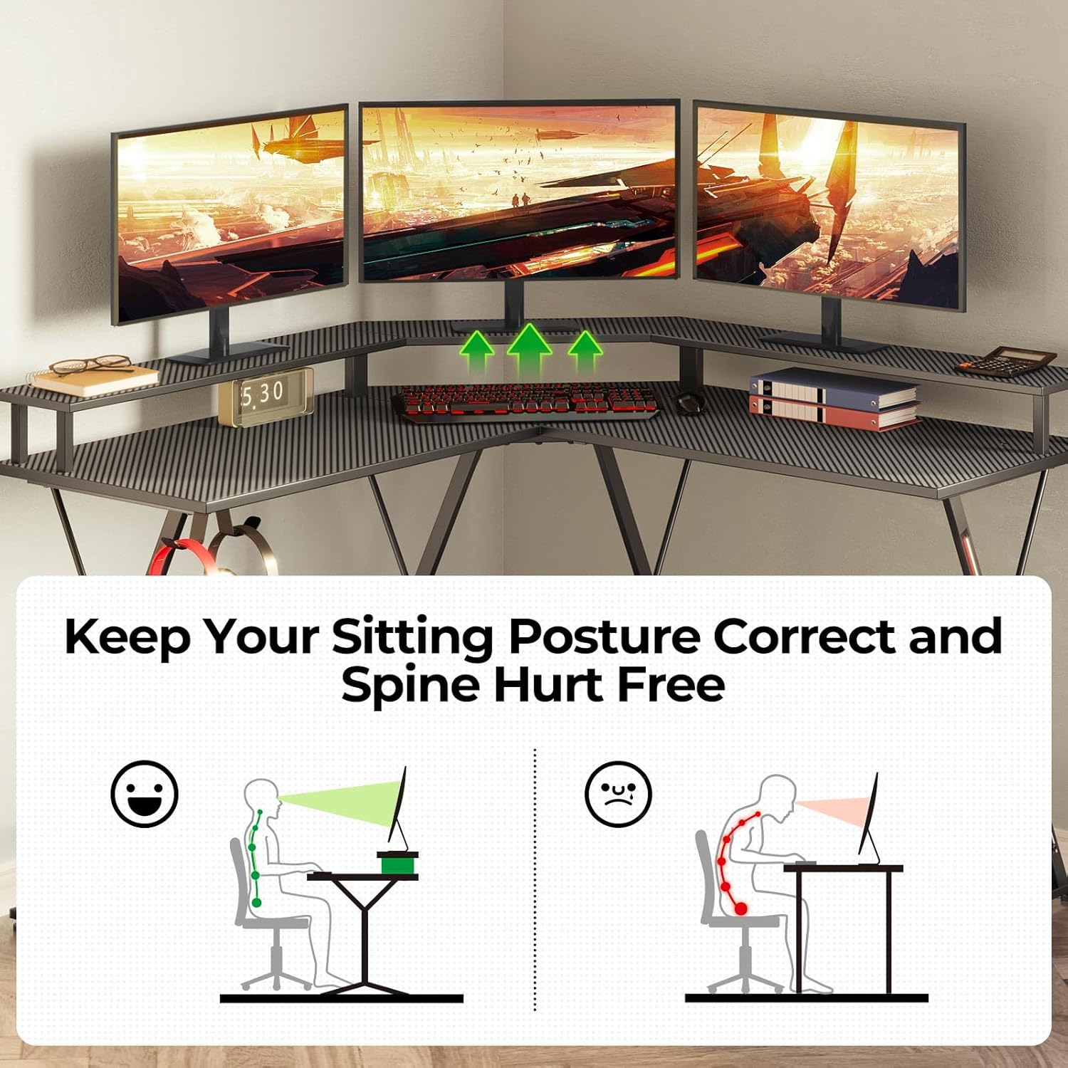 SEVEN WARRIOR L Shaped Gaming Desk with LED Lights & Power Outlets, 50.4” Computer Desk with Monitor Stand, Corner Desk with Carbon Fiber Surface, Gaming Table with Hooks, Black - Image 7