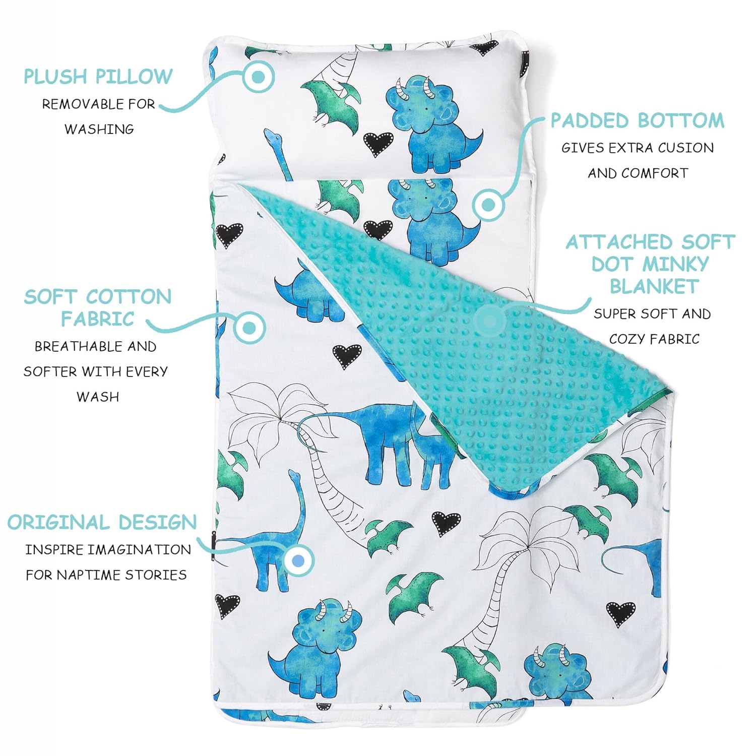 JumpOff Jo - Toddler Nap Mat - Sleeping Bag for Kids with Removable Pillow and Ultra Soft Blanket for Preschool, Daycare, and Sleepovers - Blue Dino - Image 3