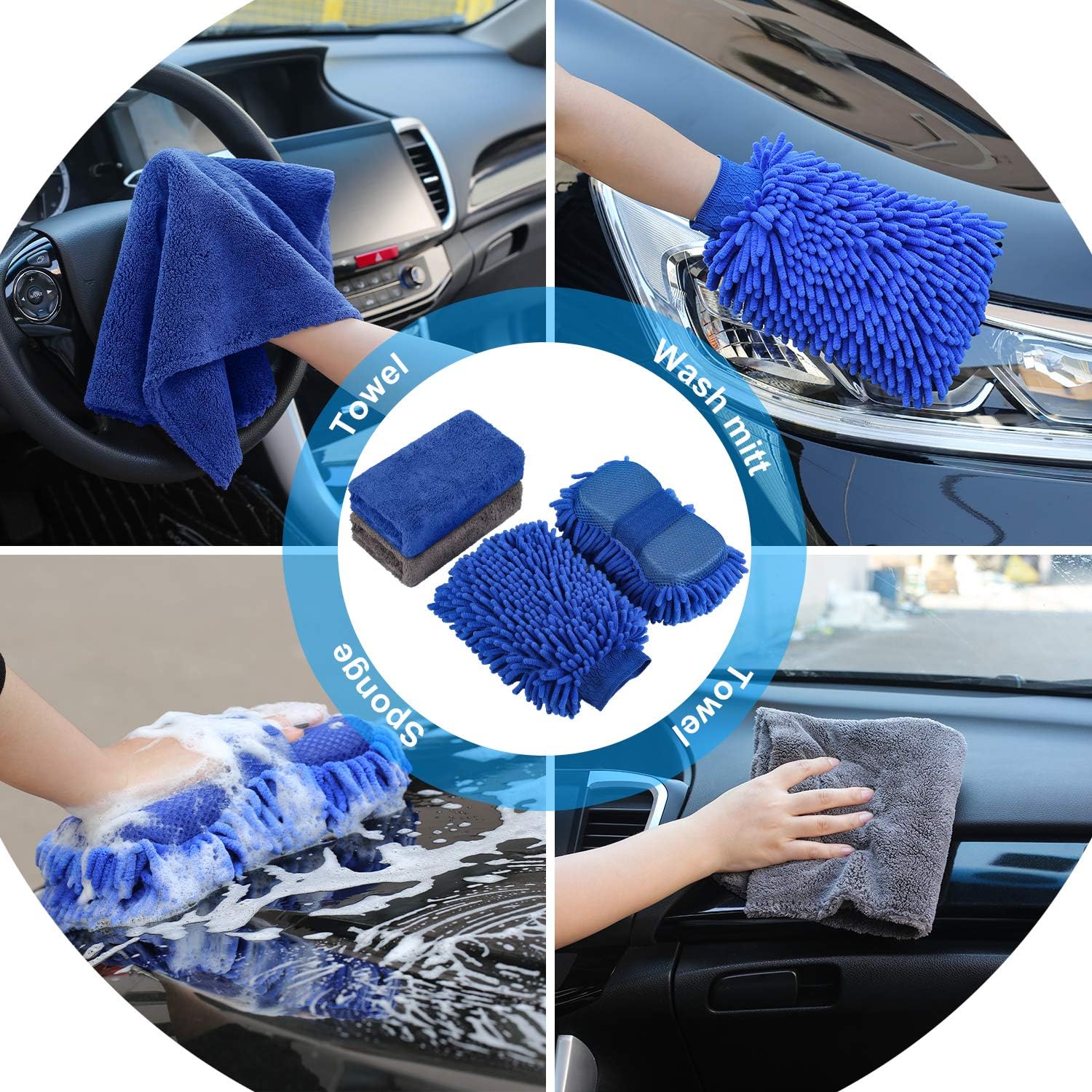 AUTODECO 22Pcs Car Wash Cleaning Tools Kit Car Detailing Set with Blue Canvas Bag Collapsible Bucket Wash Mitt Sponge Towels Tire Brush Window Scraper Duster Complete Interior Car Care Kit - Image 5