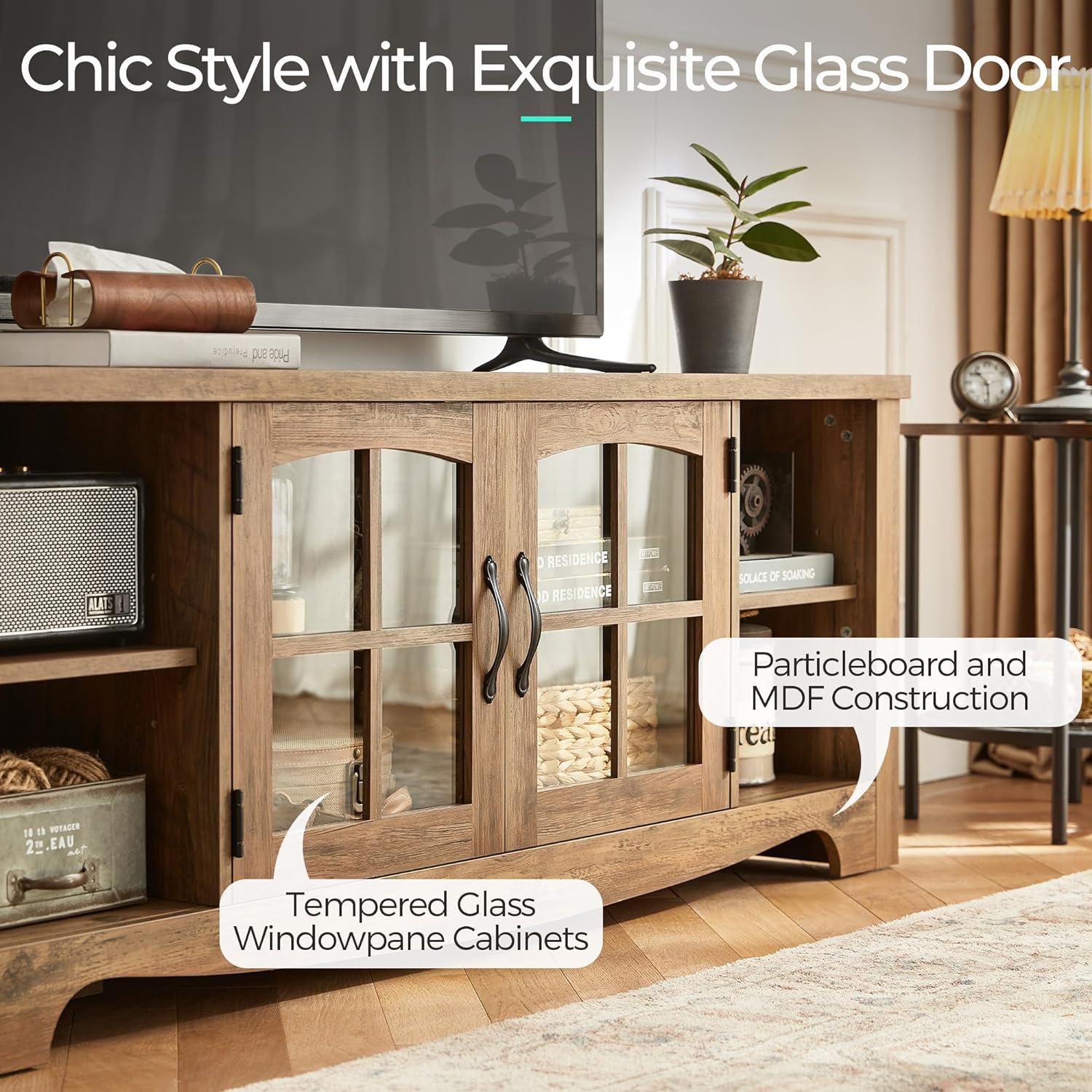 LINSY HOME Farmhouse TV Stand for 65 Inch TV, Wood Entertainment Center with Glass Door Storage Cabinet & Adjustable Shelves, Large Sturdy Console Table for Living Room & Bedroom - Image 4