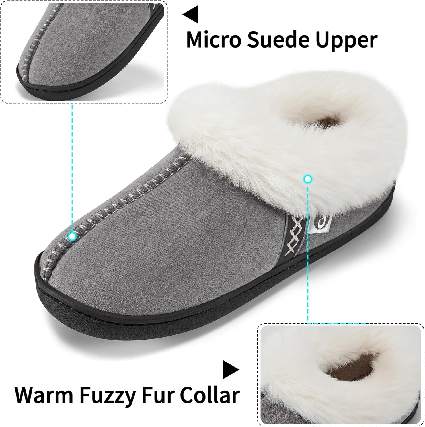 Ablanczoom Slippers for Women House Shoes: Comfy Memory Foam Slippers with Fuzzy Faux Fur Collar Non-skid Rubber Sole Indoor/Outdoor - Image 4
