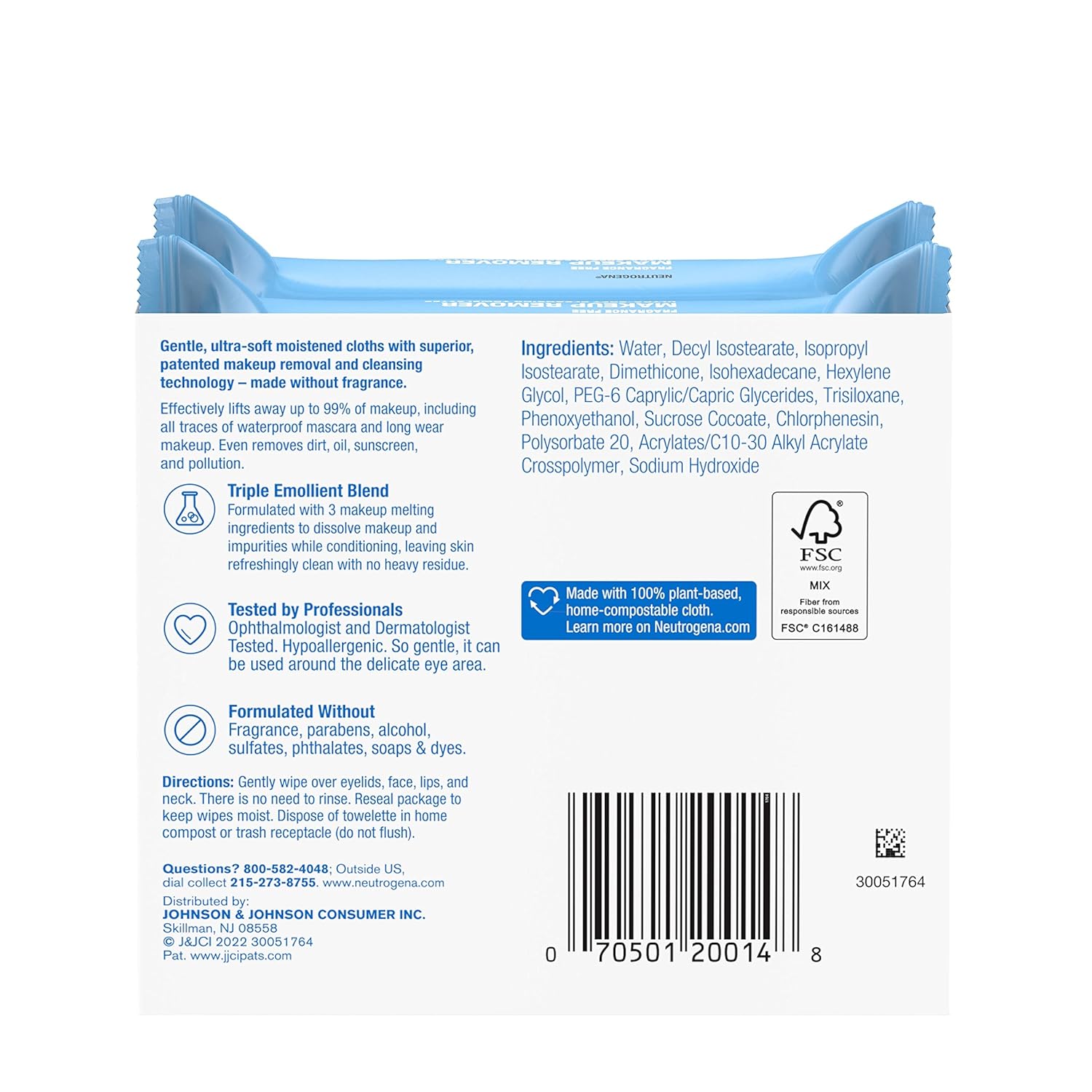 Neutrogena Cleansing Fragrance Free Makeup Remover Face Wipes, Cleansing Facial Towelettes for Waterproof Makeup, Alcohol-Free, Unscented, 100% Plant-Based Fibers, Twin Pack, 2 x 25 ct - Image 9