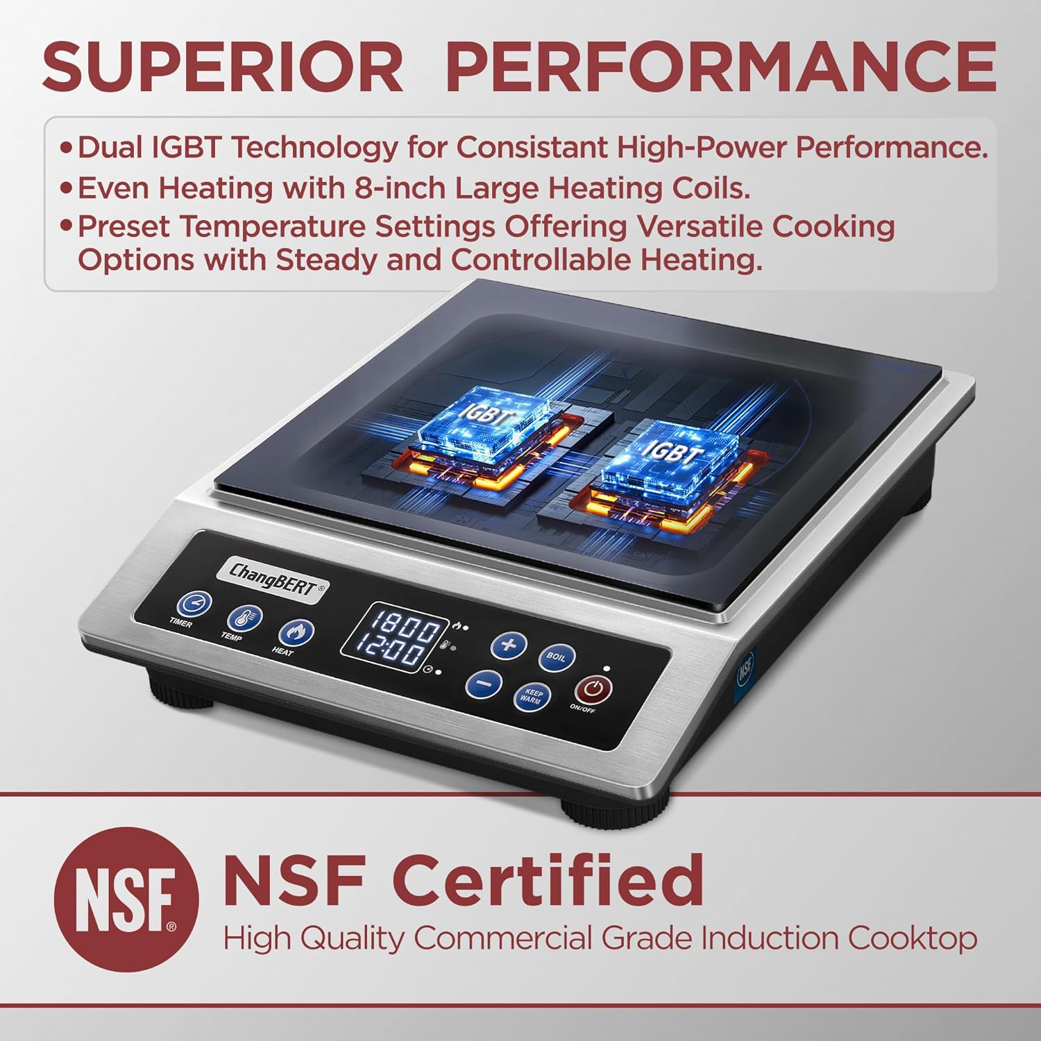 Portable Induction Cooktop, NSF Certified Pro Induction Hot Plate, Powerful 1800W with Large 8" Heating Coil, 18/10 Stainless Steel, 18 Temp Settings Commercial Grade Countertop Burner - Image 5
