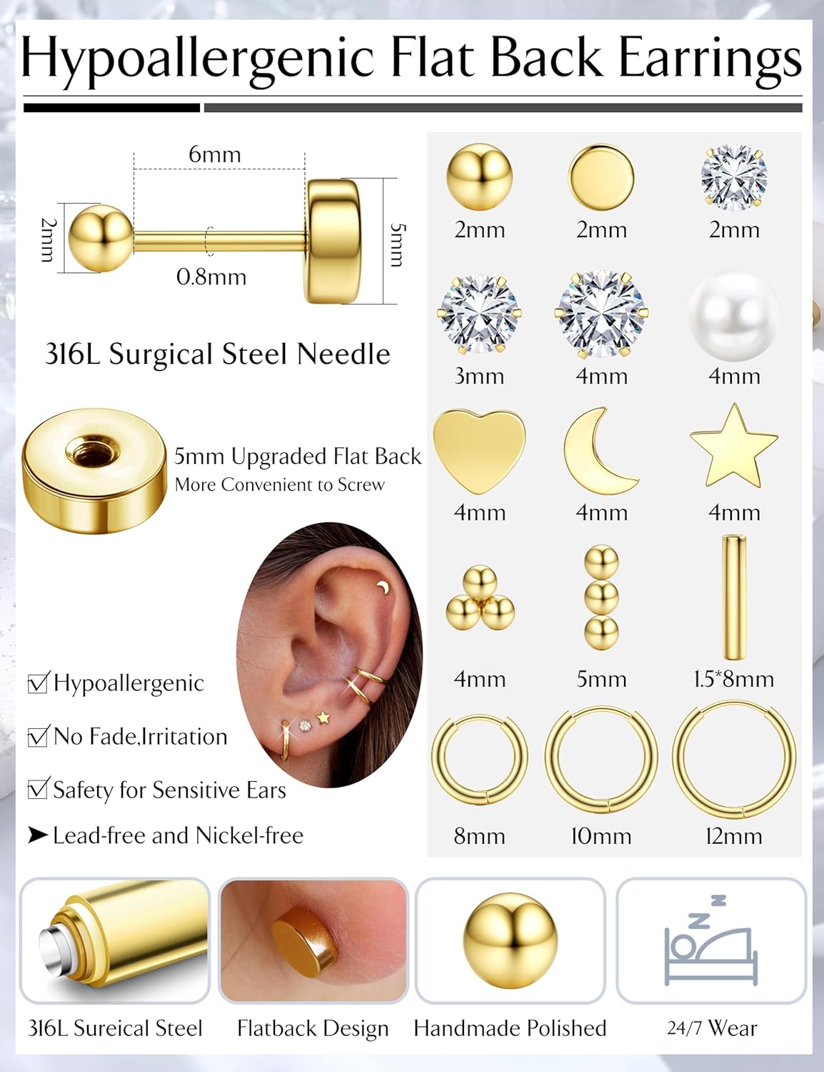 LOLIAS Small Hypoallergenic Flat Back Stud Earrings for Women Men 14K Gold Plated Surgical Stainless Steel Earring Sets Tiny Screw Back Cartilage Earring - Image 6