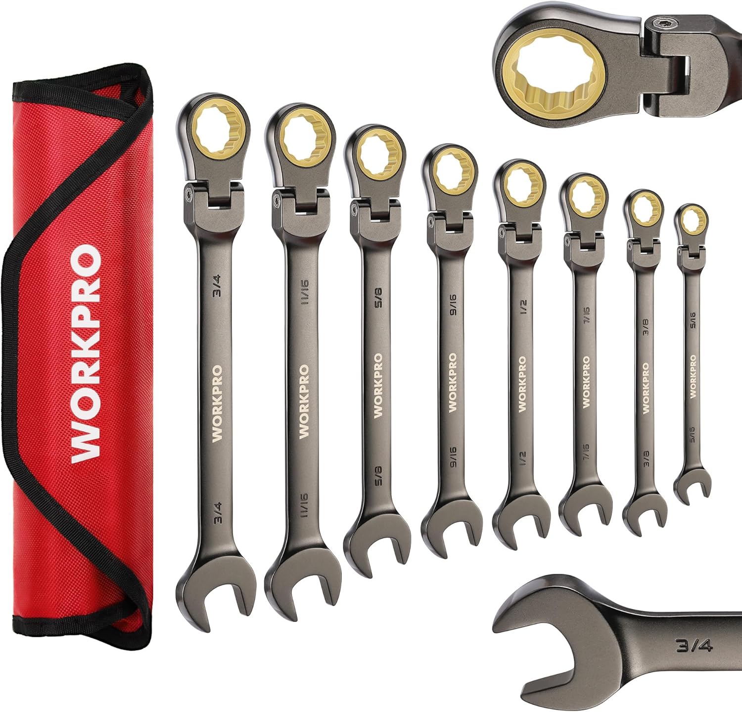 WORKPRO 8-piece Flex-Head Ratcheting Combination Wrench Set, SAE 5/16-3/4 in, 72-Teeth, CR-V Constructed, Nickel Plating with Organizer Bag - Image 2