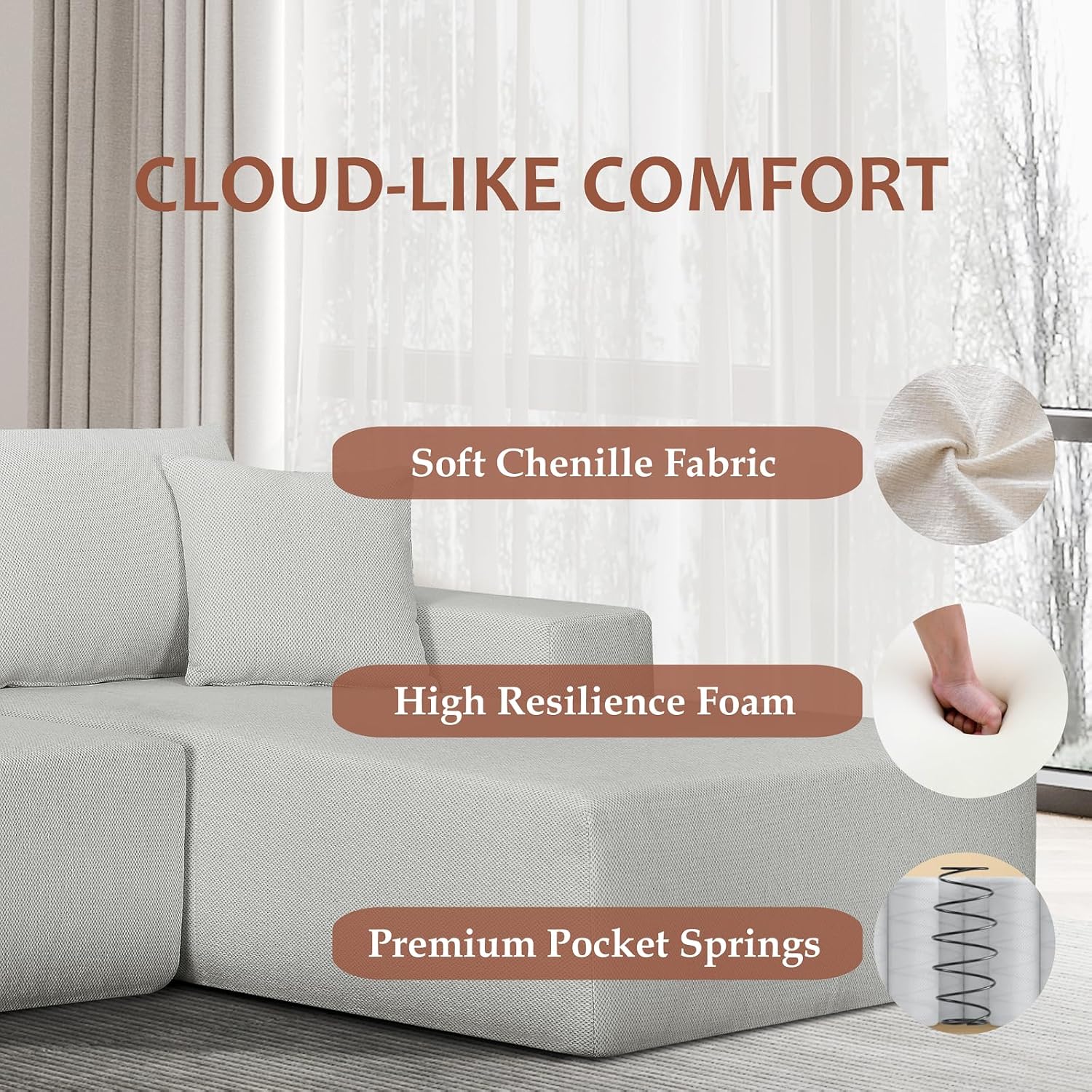 108" Cloud Sectional Couch, Modern Minimalist Modular Sofa with L-Shape Chaise and Deep Seat, Comfy Upholstered Sofa Couch for Living Room Bedroom, No Assembly Required (White, Right Facing) - Image 5
