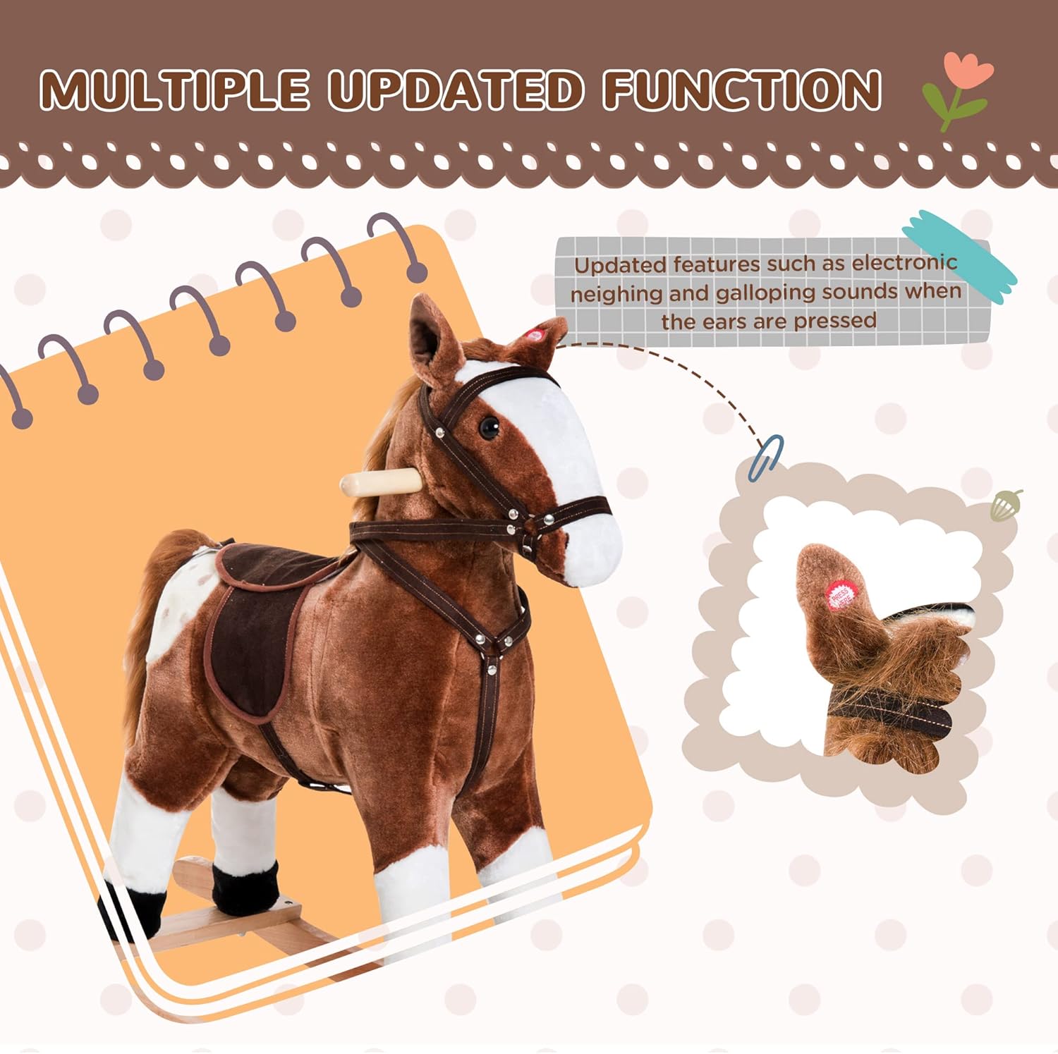 Qaba Kids Rocking Horse Plush Ride On Toy Toddler Rocker for Boys Girls Gifts with Realistic Sounds, Brown - Image 4