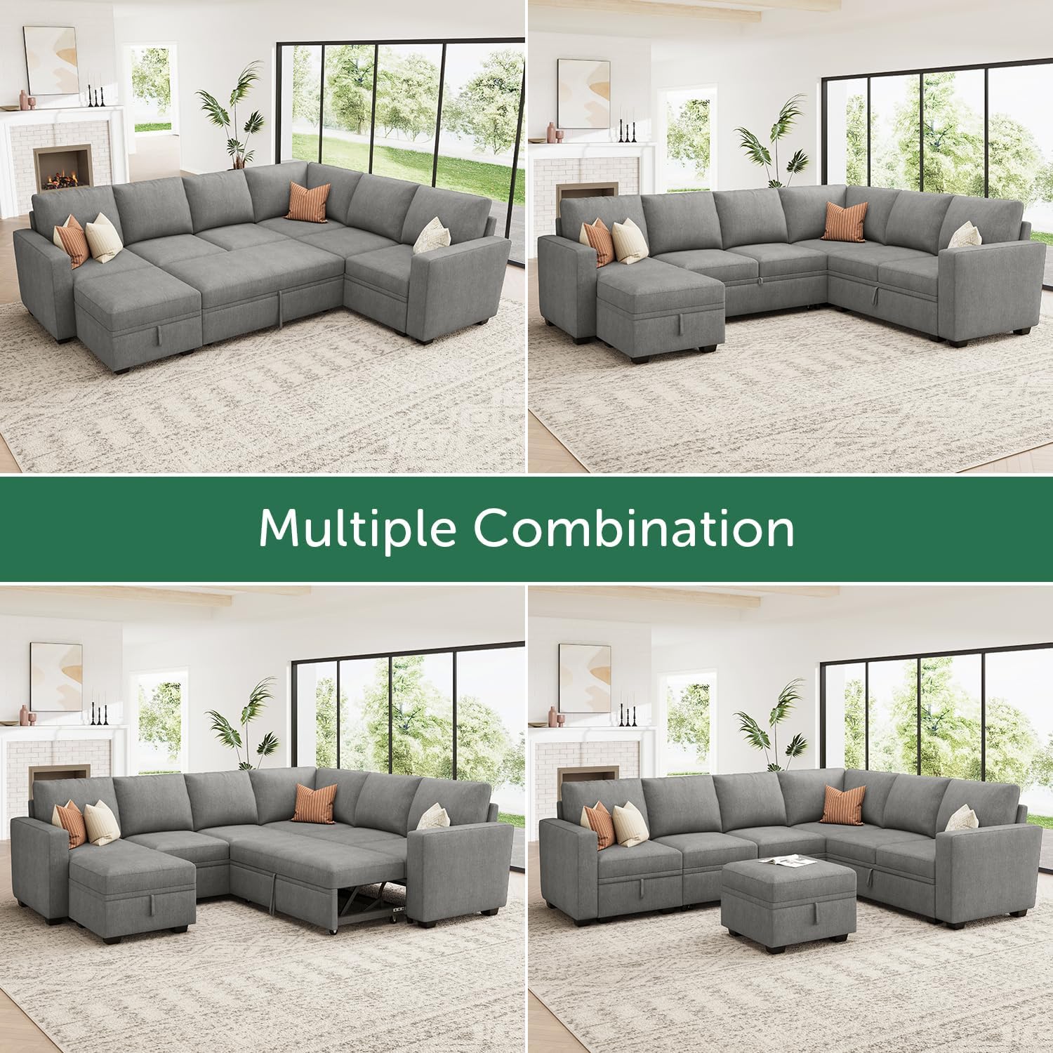 HONBAY Modular Sectional Sleeper Sofa with Pull Out Bed, Chenille Sectional Couch with Storage Seats Ottoman, U Shaped Couches for Living Room, Warm Grey - Image 6