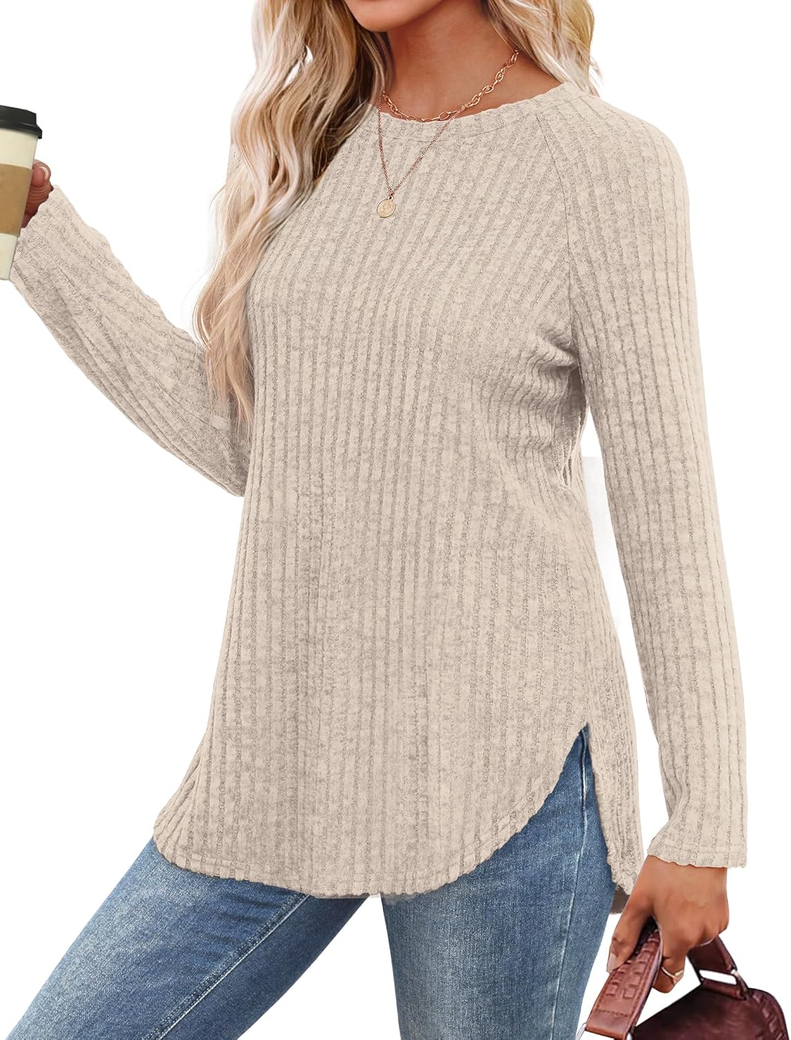 Saloogoe Long Sleeve Shirts for Women Tunic Tops for Women Loose Fit Dressy Crew Neck Pullover Basic Sweaters for Women 2024 - Image 3