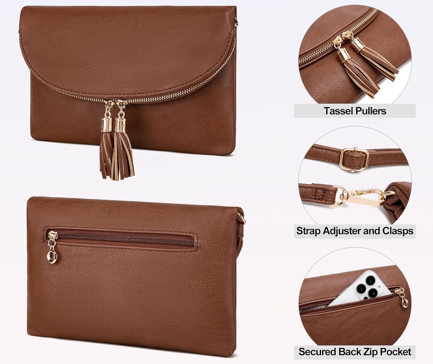 Solene Womens Envelop Clutch Purse Multi Compartments, 6 Card Slot Inside, Crossbody Bag With Tassels - Image 5