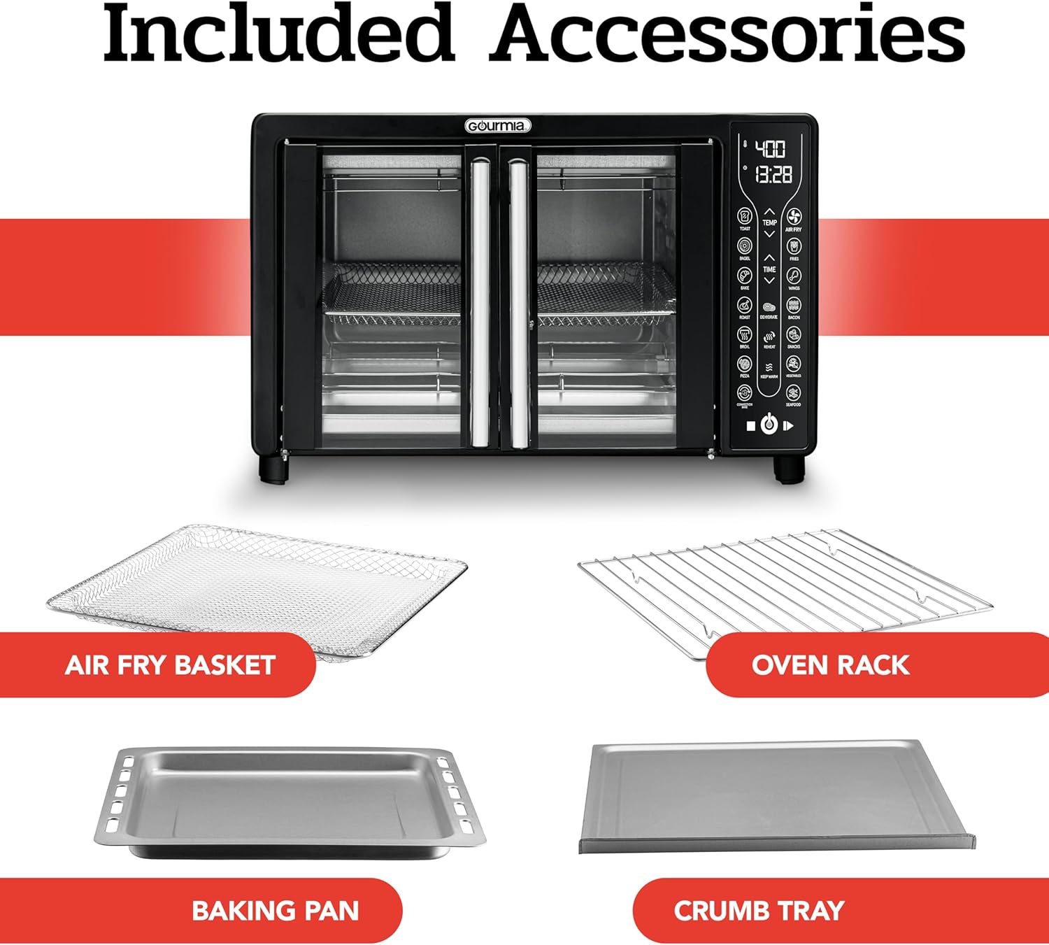 Gourmia Toaster Oven Air Fryer Combo 17 cooking presets 1700W french door digital air fryer oven 24L capacity accessories, convection rack, baking pan tray recipe book GTF7460,Large,Black - Image 9