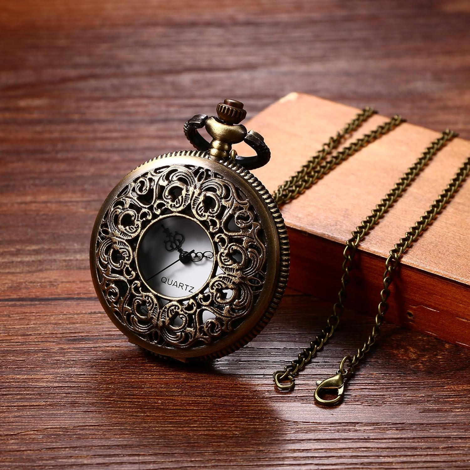 Avaner Women's Quartz Pocket Watches: Half Hunter Bronze Arabic Numeral Pocket Watches with Chain - Image 4