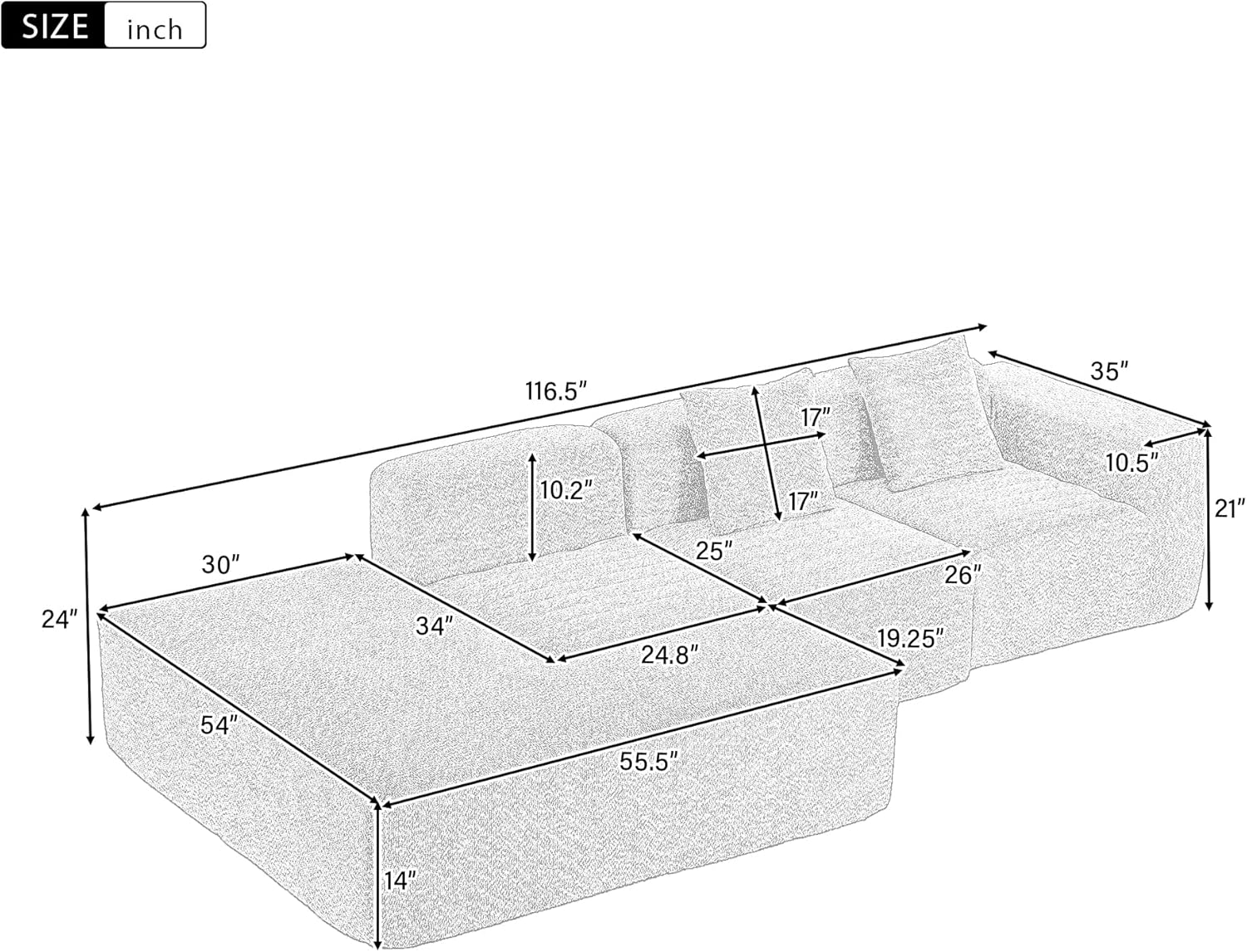 Merax 116.5" Minimalist Cloud Sectional Couch with L-Shape Chaise, Cream Modern Modular Sofa with Deep Seat, White Convertible 4 Seat Sleeper Couches Set for Living Room, No Assembly Required, Beige - Image 3