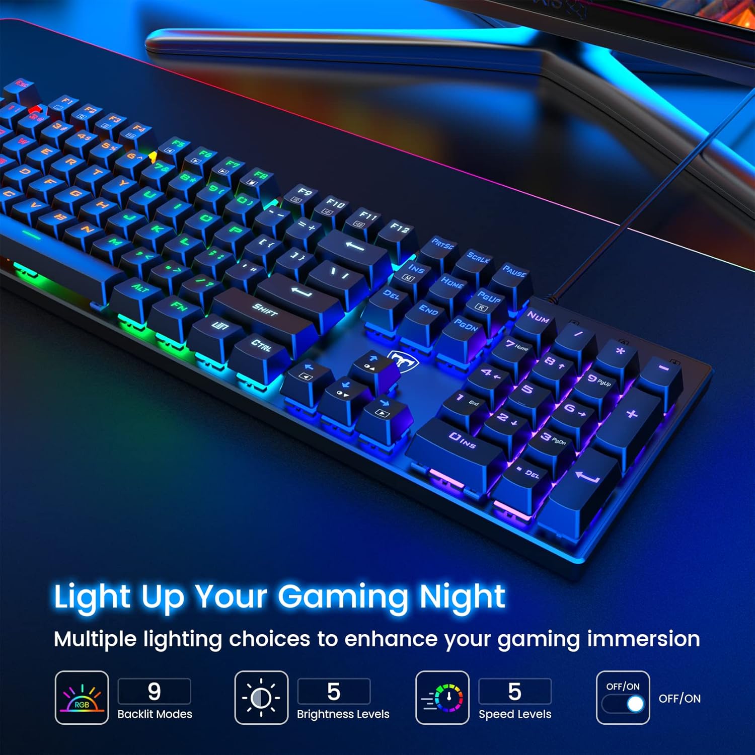 RisoPhy Mechanical Gaming Keyboard, RGB 104 Keys Ultra-Slim LED Backlit USB Wired Keyboard with Blue Switch, Durable Abs Keycaps/Anti-Ghosting/Spill-Resistant Computer Keyboard for PC Mac Xbox Gamer - Image 3