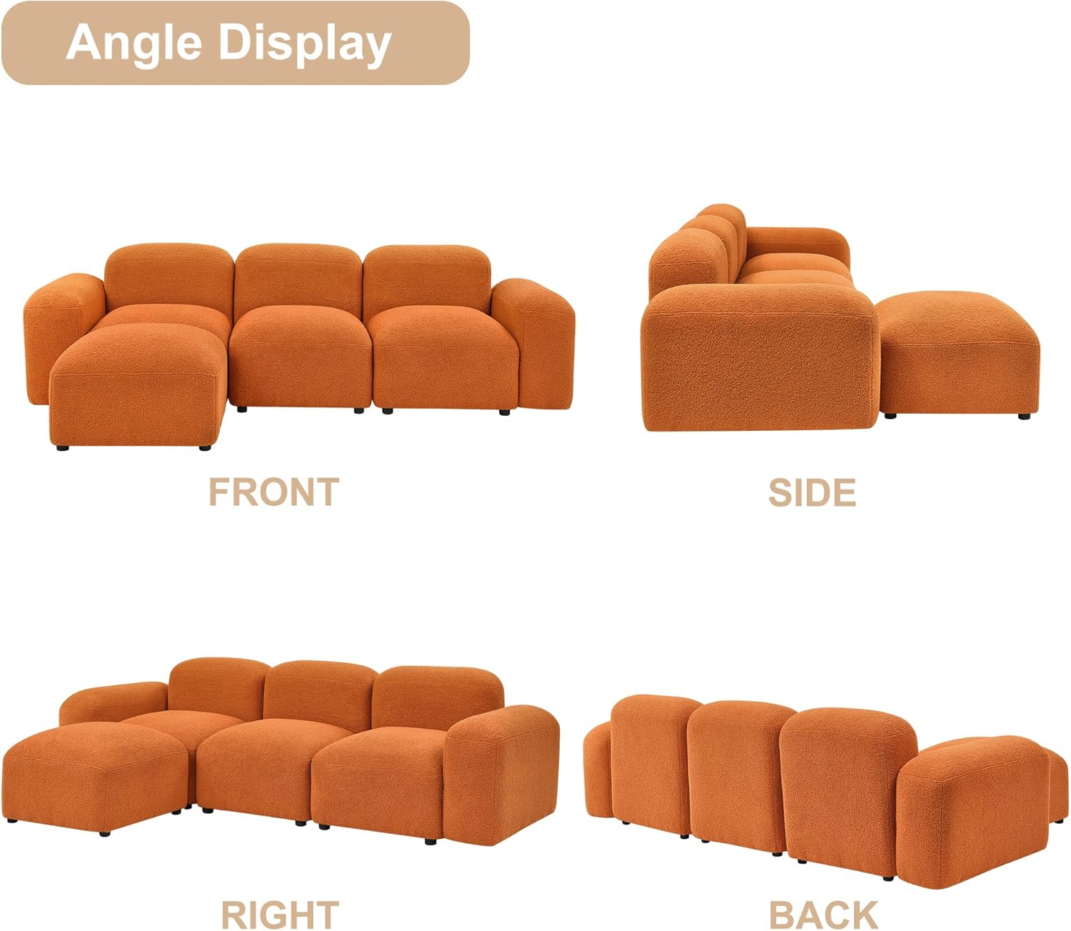 Modular Sectional Sofa, Convertible L Shaped Couch, 94.5" Modern Minimalist Cloud Couches for Living Room Set, Comfy Orange Teddy Fabric - Image 6