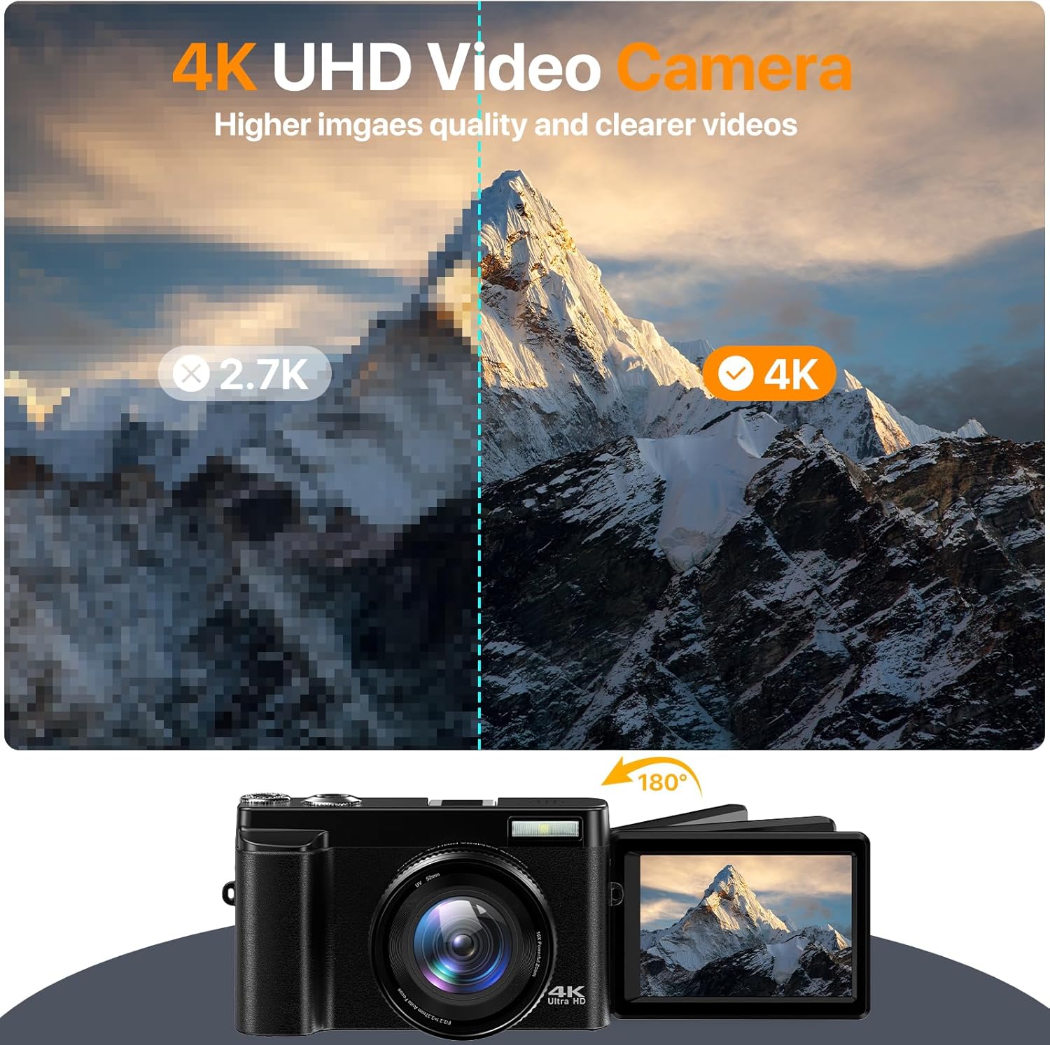 4K Digital Camera for Photography Auto-Focus Vlogging Camera for YouTube Video with 3'' 180° Flip Screen 16X Anti-Shake 4K Camera Compact Cameras with SD Card, Flash, 2 Batteries & Battery Charger - Image 3