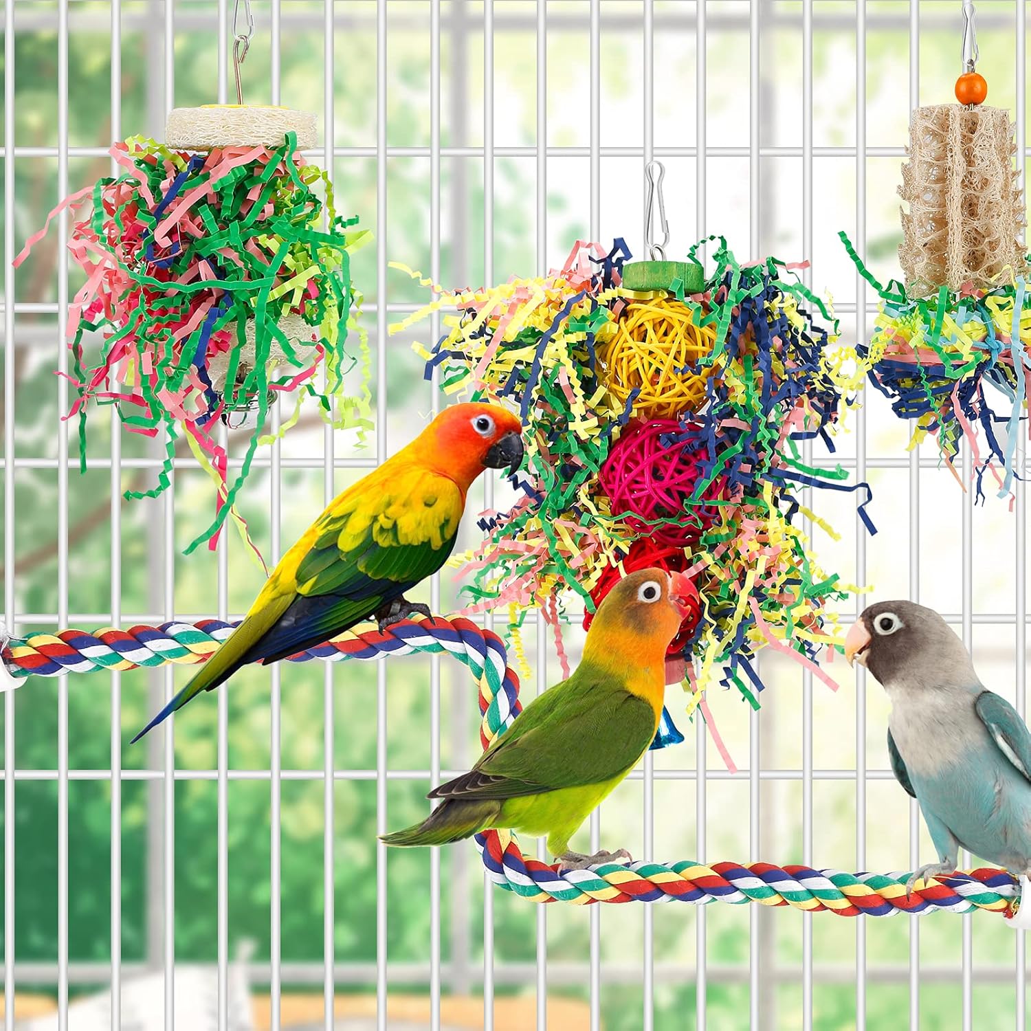 Bird Toys Bird Shredding Foraging Toys Parakeet Toy Chewing Hanging Toy Bird Shredded Paper Bird Cage Accessories Bird Rope Perch for Conure Cockatiel Budgies Lovebird Parrotlet (Without Rope Perch) - Image 3