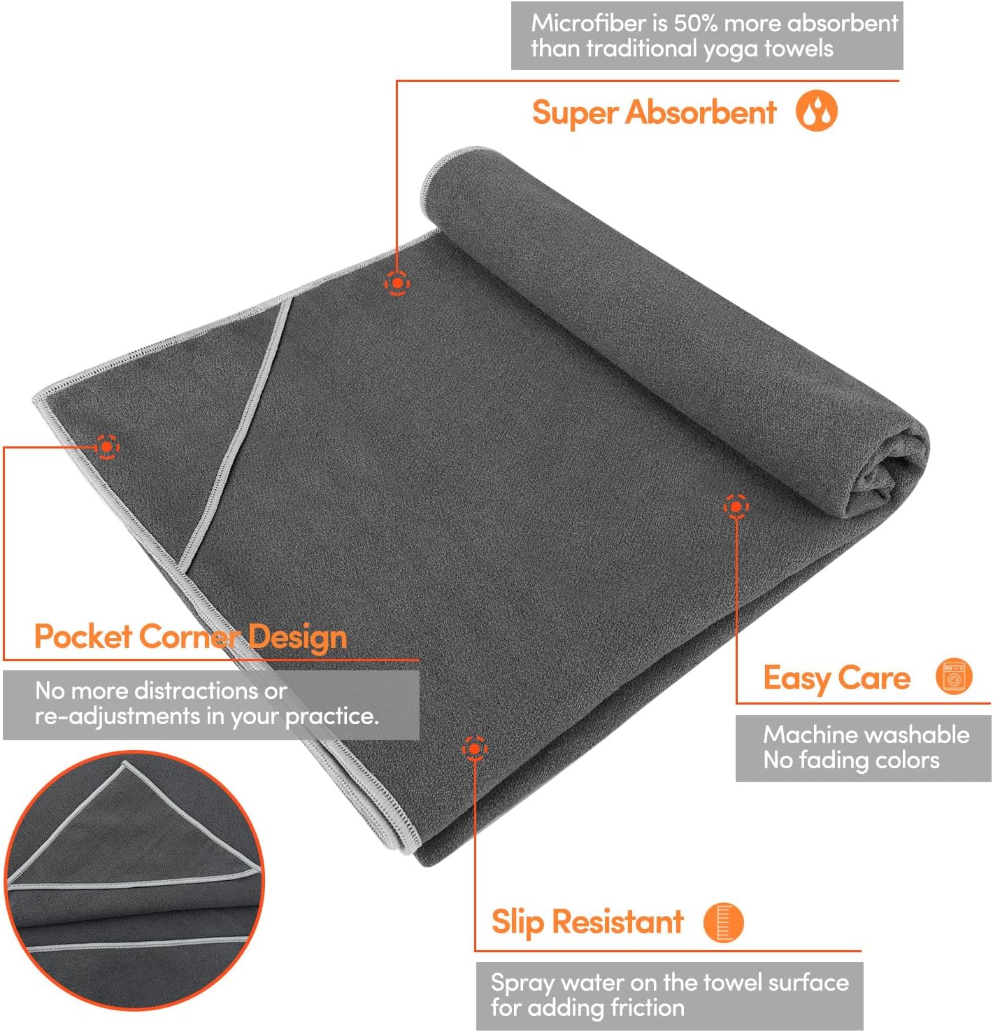 IUGA Yoga Towel for Hot Yoga Non Slip Extra Thick Yoga Mat Towel + Hand Towel 2in1 Set with Corner Pockets Super Absorbent and Quick Dry Hot Yoga Towel - Image 3