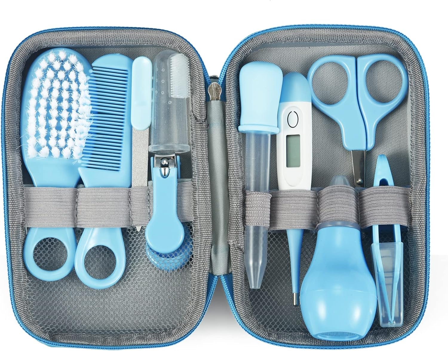 PandaEar Baby Healthcare & Grooming Kit - Baby Safety Set Comb, Brush, Finger Toothbrush, Nail Clippers, Scissors, Nasal Aspirator - Nursery Care Kit (Blue) - Image 3
