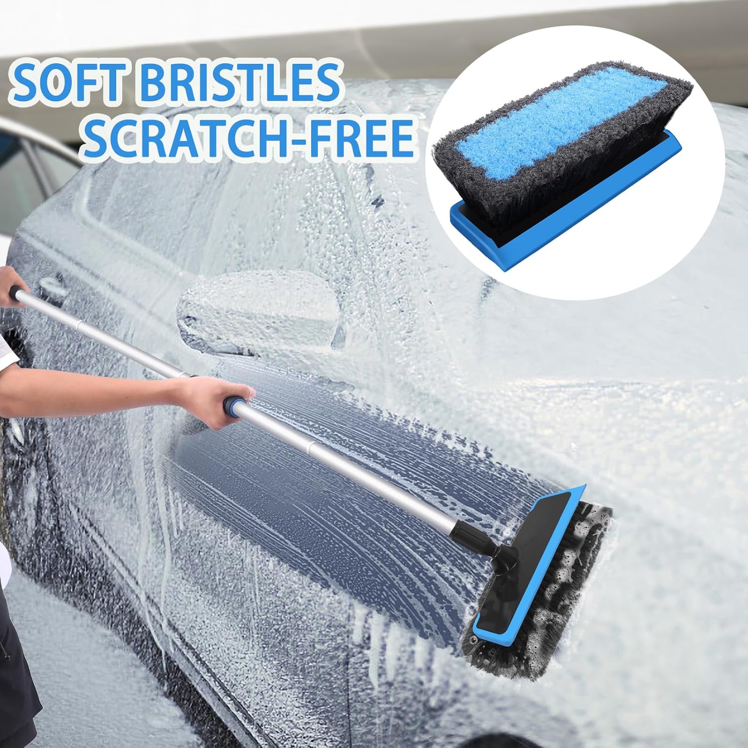 62'' Car Wash Brush with Long Handle, Scratch-Free Soft Bristles Sturdy Car Wash Mop Kit, Complete Car Cleaning Brush Kit Wash Mitt Towel Windshield Squeegee Wheel Tire Brush for Car Truck RV - Image 3