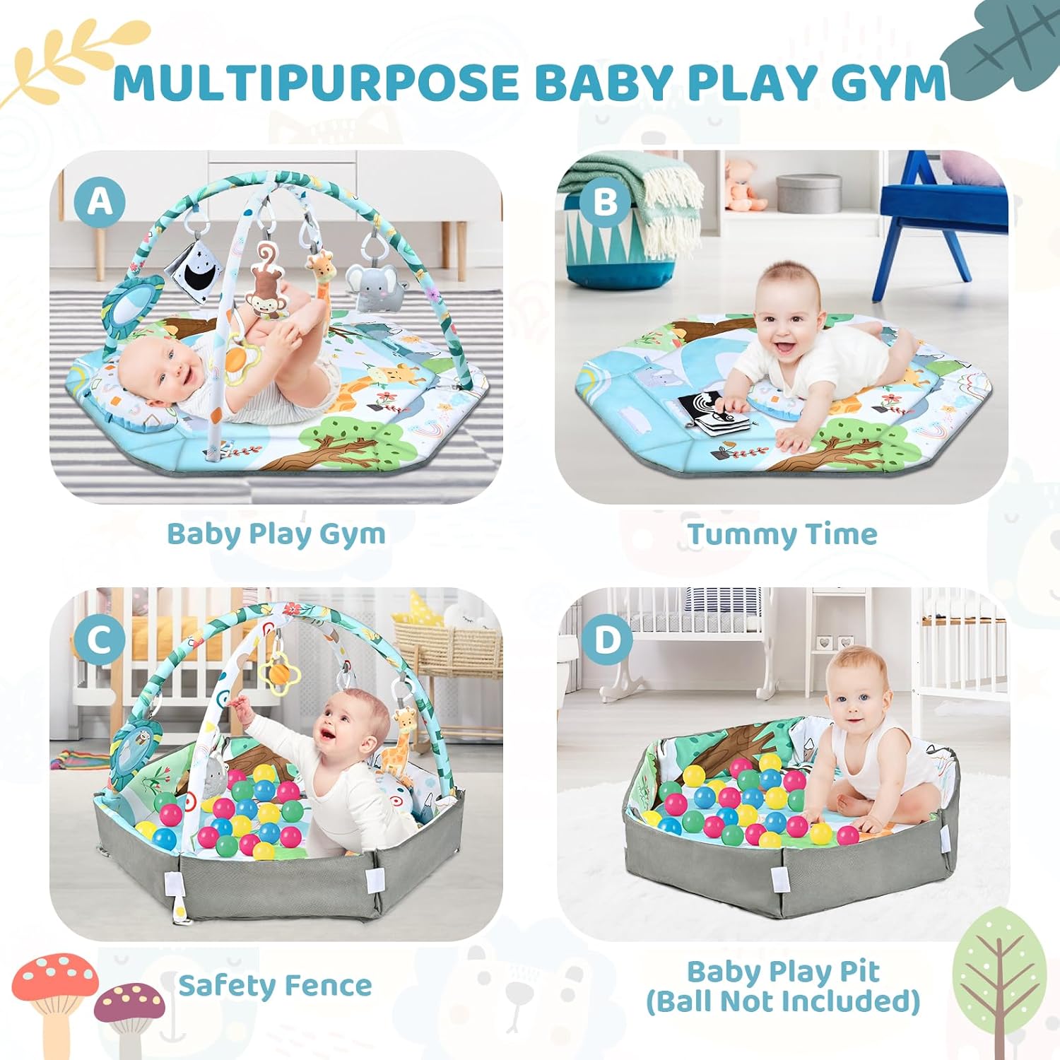 Baby Gym Play Mat, 8-in-1 Tummy Time Mat & Ball Pit with 6 Toys, Washable Baby Activity Play Mat for Visual, Hearing, Sensory, Motor Development, Baby Toys Gift for Toddler Infant 0-3-6-9-12 Months - Image 4