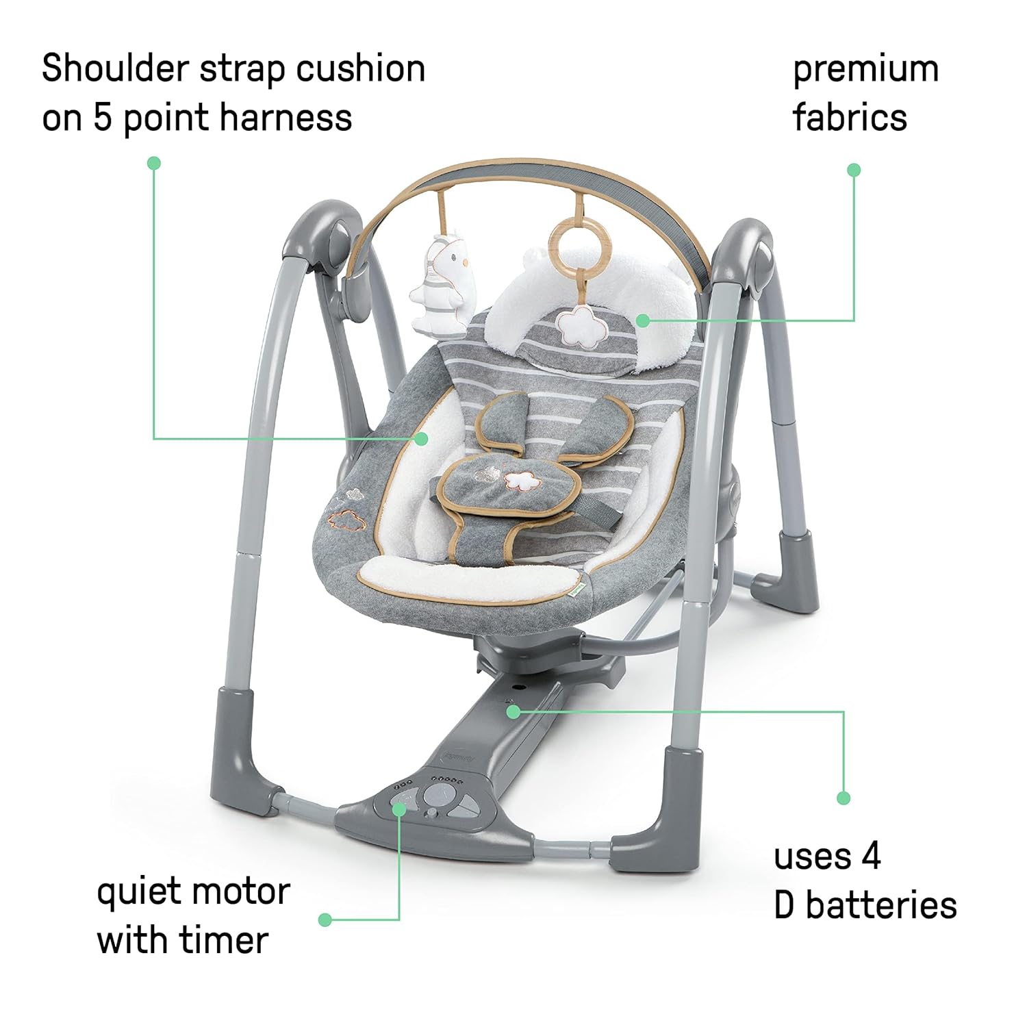Ingenuity Swing 'n Go Deluxe 5-Speed Baby Swing with Cushioned Harness - Foldable, Portable, 2 Plush Toys & Sounds, 0-9 Months 6-20 lbs (Bella Teddy) - Image 3