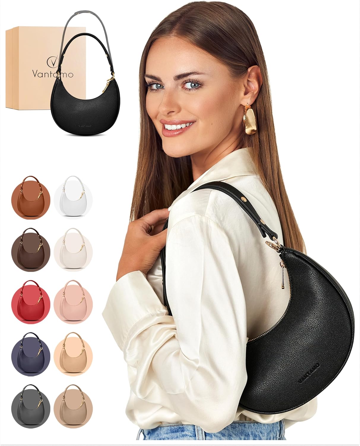 Vantamo Purse For Women, Small Trendy Crescent Moon Shoulder Hand Bag, Faux Leather, Anti Theft RFID Block & Adjustable Strap - Image 2