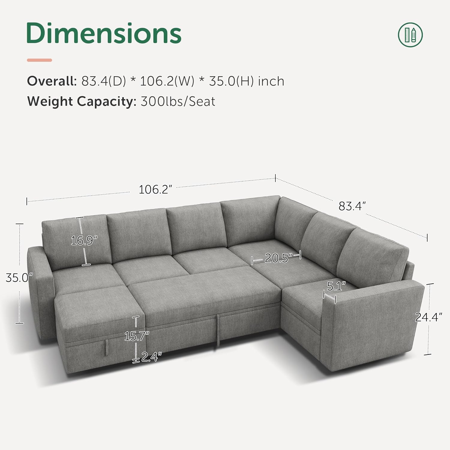 HONBAY Modular Sectional Sleeper Sofa with Pull Out Bed, Chenille Sectional Couch with Storage Seats Ottoman, U Shaped Couches for Living Room, Warm Grey - Image 3