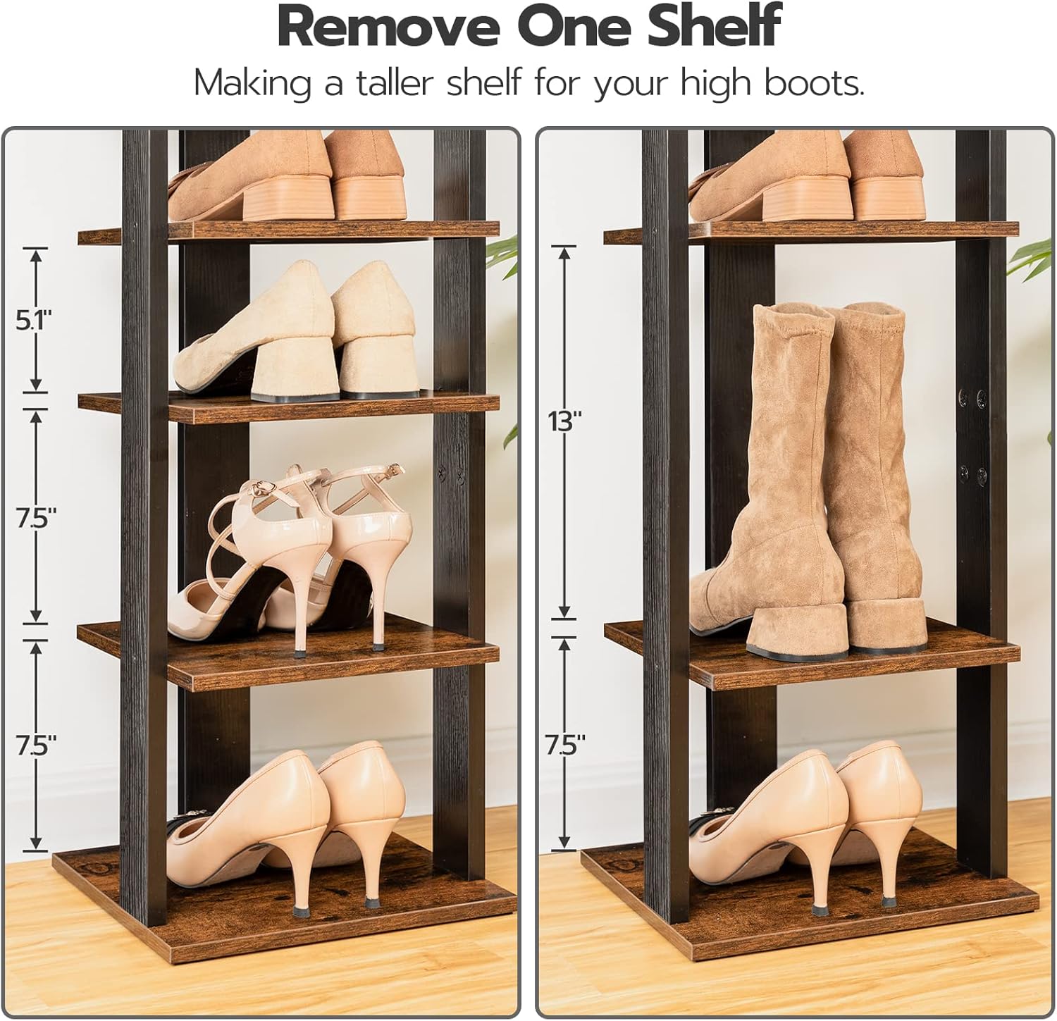 HOOBRO 8 Tiers Vertical Shoe Rack, Wooden Shoe Storage Organizer with Hooks, Narrow Shoe Tower for 8 Pairs, Space Saving, for Entryway, Living Room, Bedroom, Rustic Brown BF07XJ01G1 - Image 4