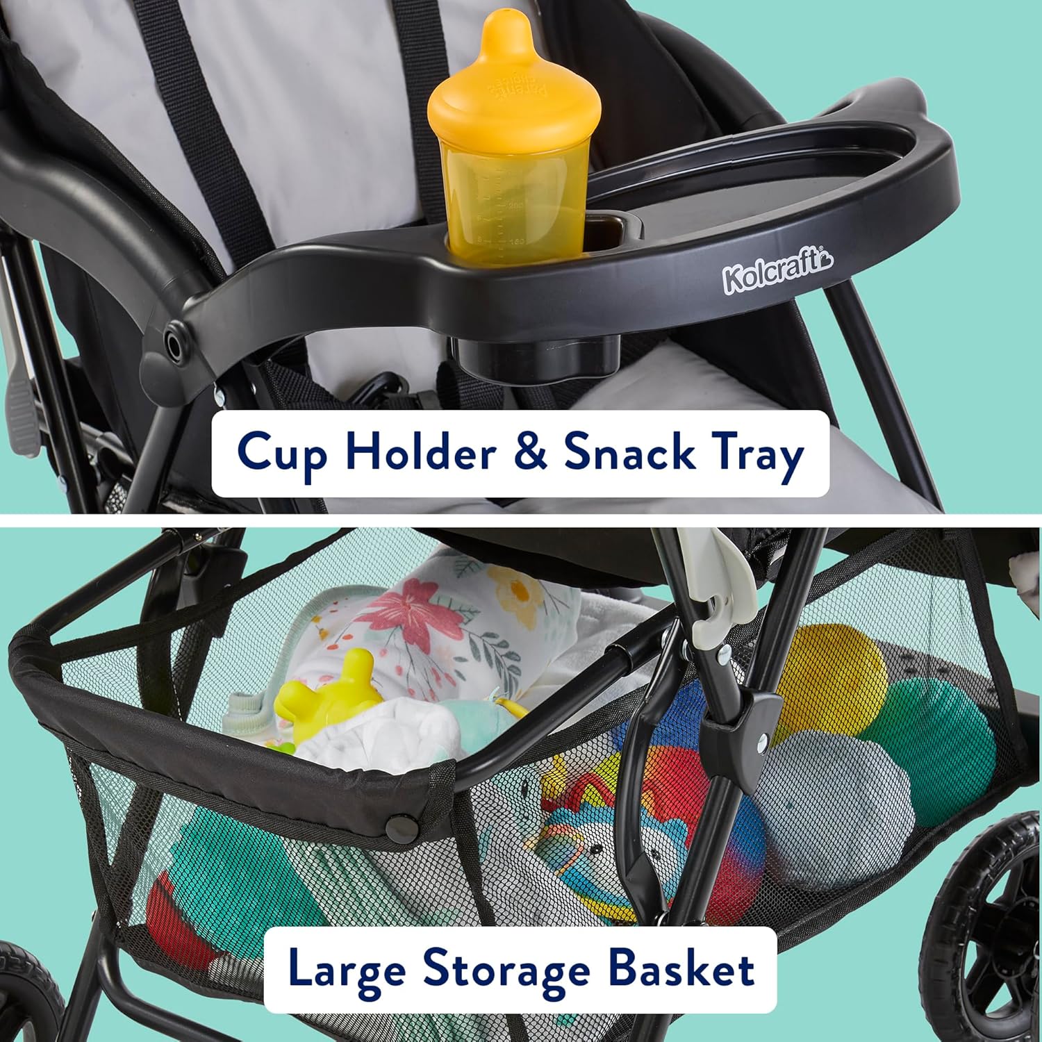 Kolcraft Cloud Plus Lightweight Toddler Umbrella Baby Stroller with Large Storage Basket and Canopy, Reclining Seat, Child and Parent Trays, Compact Easy Fold for Summer Travel - Slate Gray - Image 6