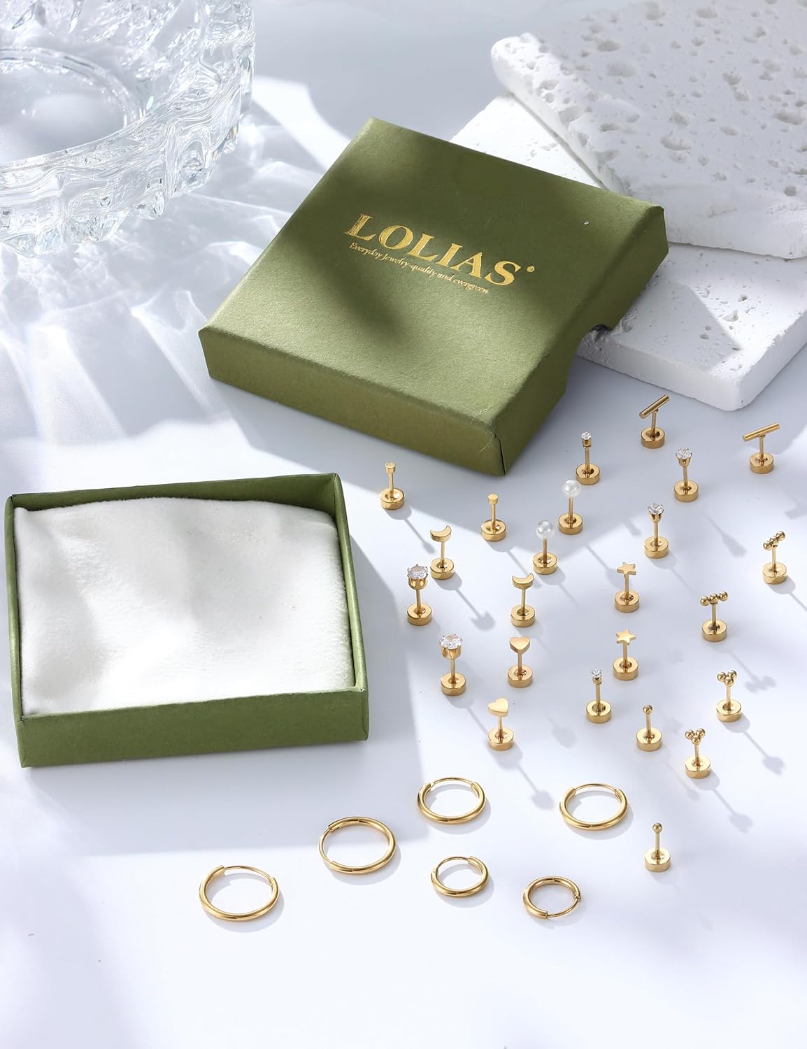 LOLIAS Small Hypoallergenic Flat Back Stud Earrings for Women Men 14K Gold Plated Surgical Stainless Steel Earring Sets Tiny Screw Back Cartilage Earring - Image 8