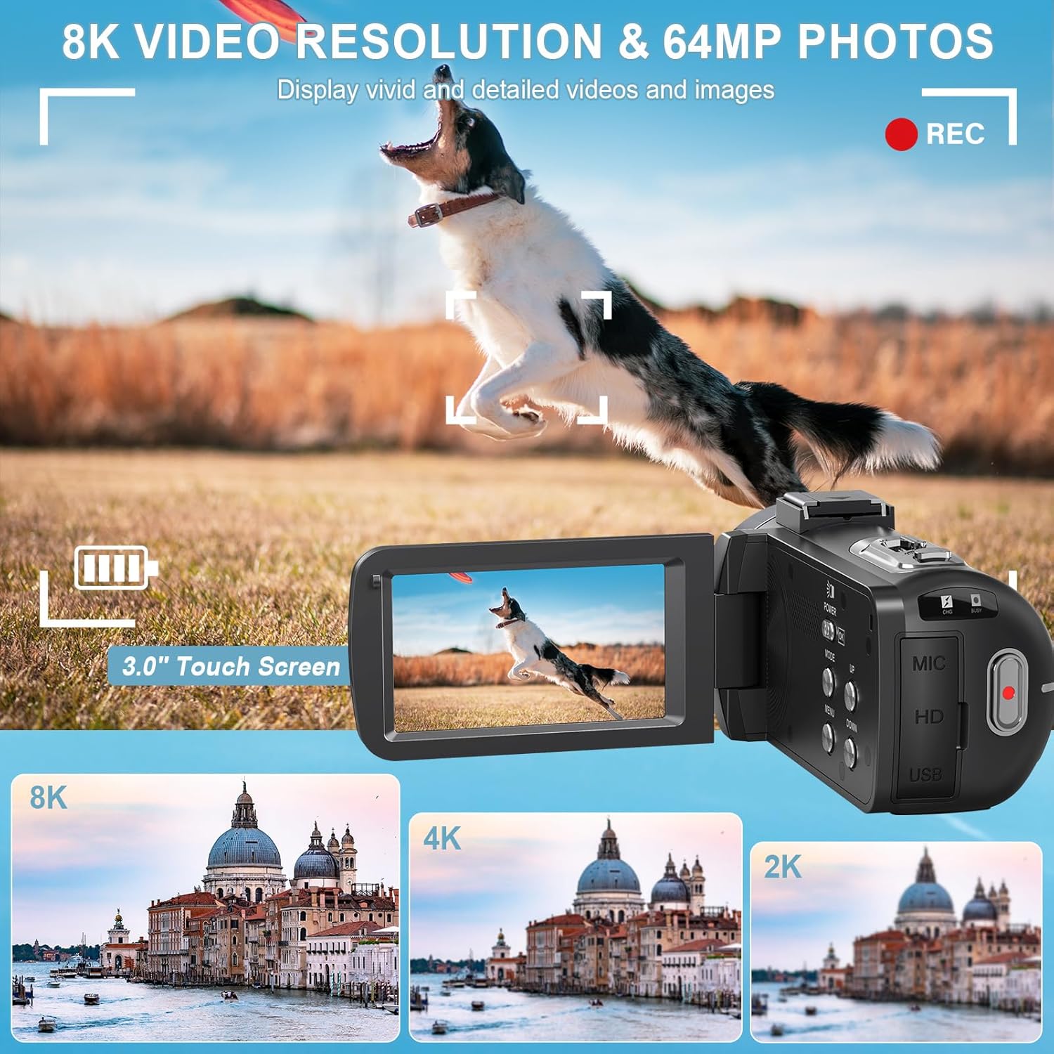 8K 64MP Camcorder Video Camera 18X Digital Zoom YouTube Vlogging Camera Webcam IR Night Vision WiFi 3.0”Touch Screen Camcorders with Microphone, 32G SD Card, Remote Control and 2 Batteries - Image 3