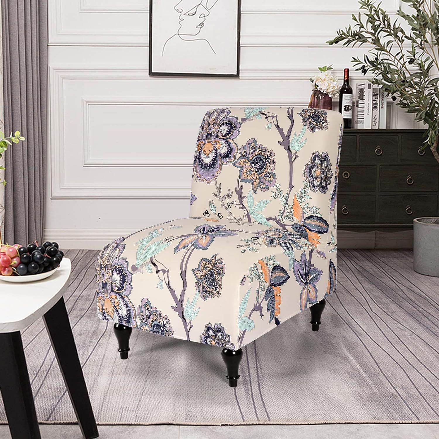 Armless Accent Slipper Chair Cover Slipcover,Stretch Spandex Small Checks,Non-Slip Sofa Couch Cover Furniture Protector (Beige Flower, 1) - Image 7