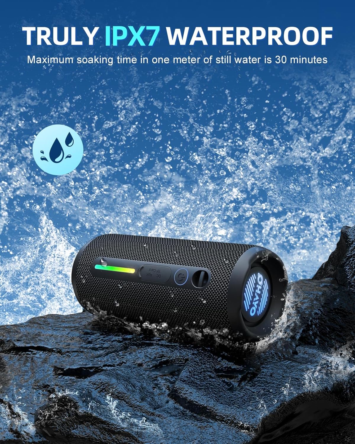OHAYO Portable Bluetooth Speaker, Wireless Bass Speaker with 24W Loud Sound, IPX7 Waterproof, Bluetooth 5.3, RGB Lights, AUX&TF-Card, Stereo Pairing, Gift Ideas for Home/Outdoor/Party - Image 4