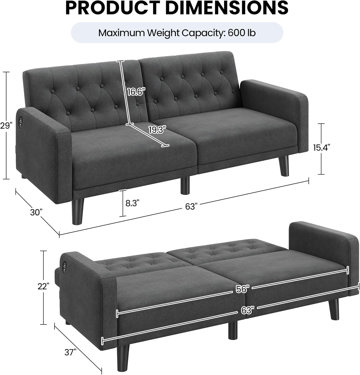 Yaheetech 63” Convertible Couch Sofa Bed with 2 USB, Reclining Futon Sleeper with Adjustable Backrest & Removable Armrests, Mid Century Modern Loveseat for Living Room, Apartment, Office Dark Gray - Image 4