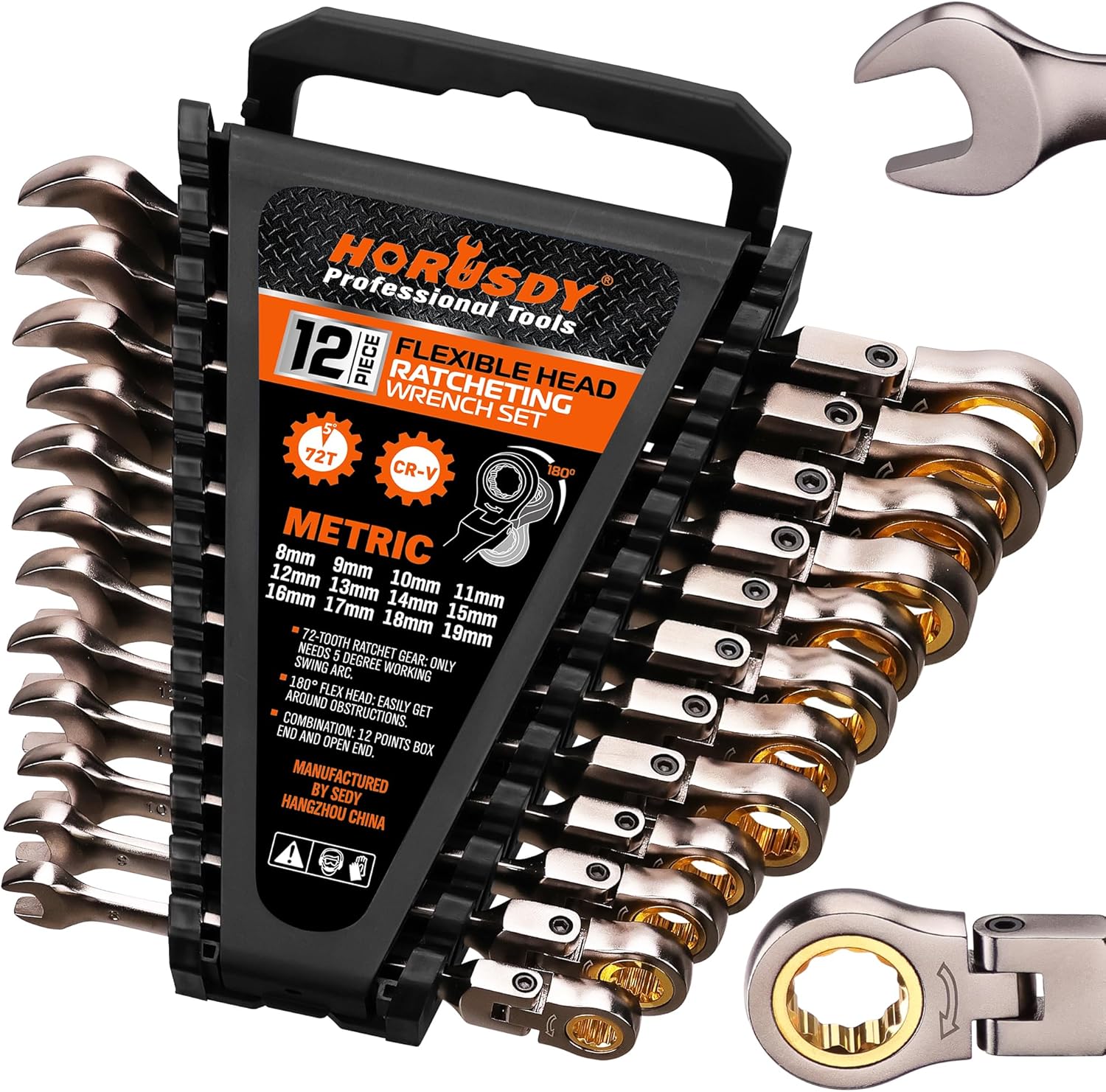 HORUSDY 12-Piece Metric Flex-Head Ratcheting Wrench Set with Organizer | 8-19 mm Ratchet Combination Wrenches Set | 72-Teeth | Chrome Vanadium Steel - Image 2